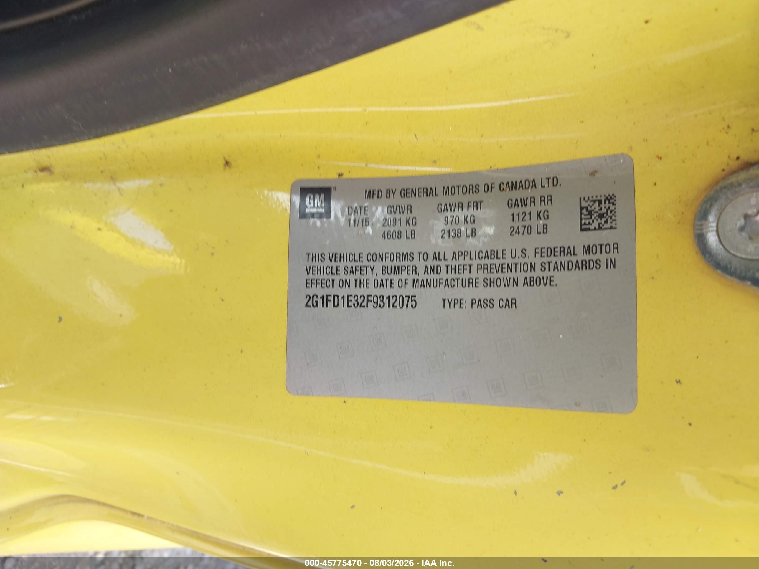 2015 Chevrolet Camaro 1lt Yellow vin: 2G1FD1E32F9312075