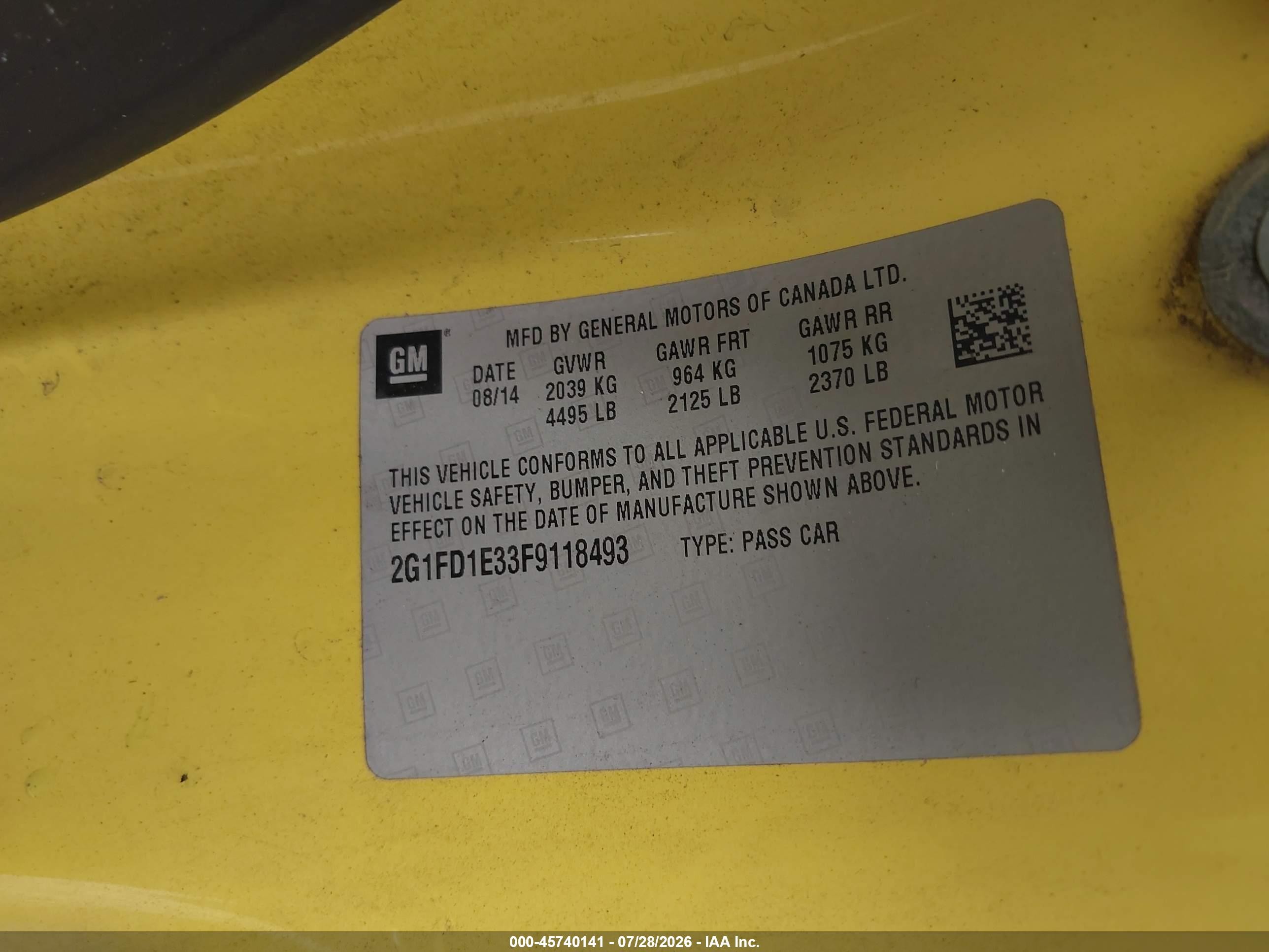 2015 Chevrolet Camaro 1lt Yellow vin: 2G1FD1E33F9118493