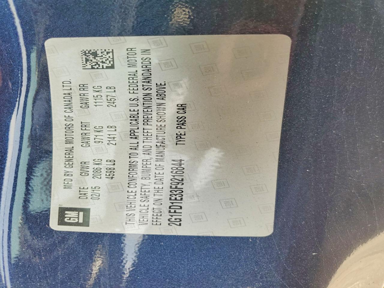 2015 Chevrolet Camaro Lt Blue vin: 2G1FD1E33F9216844