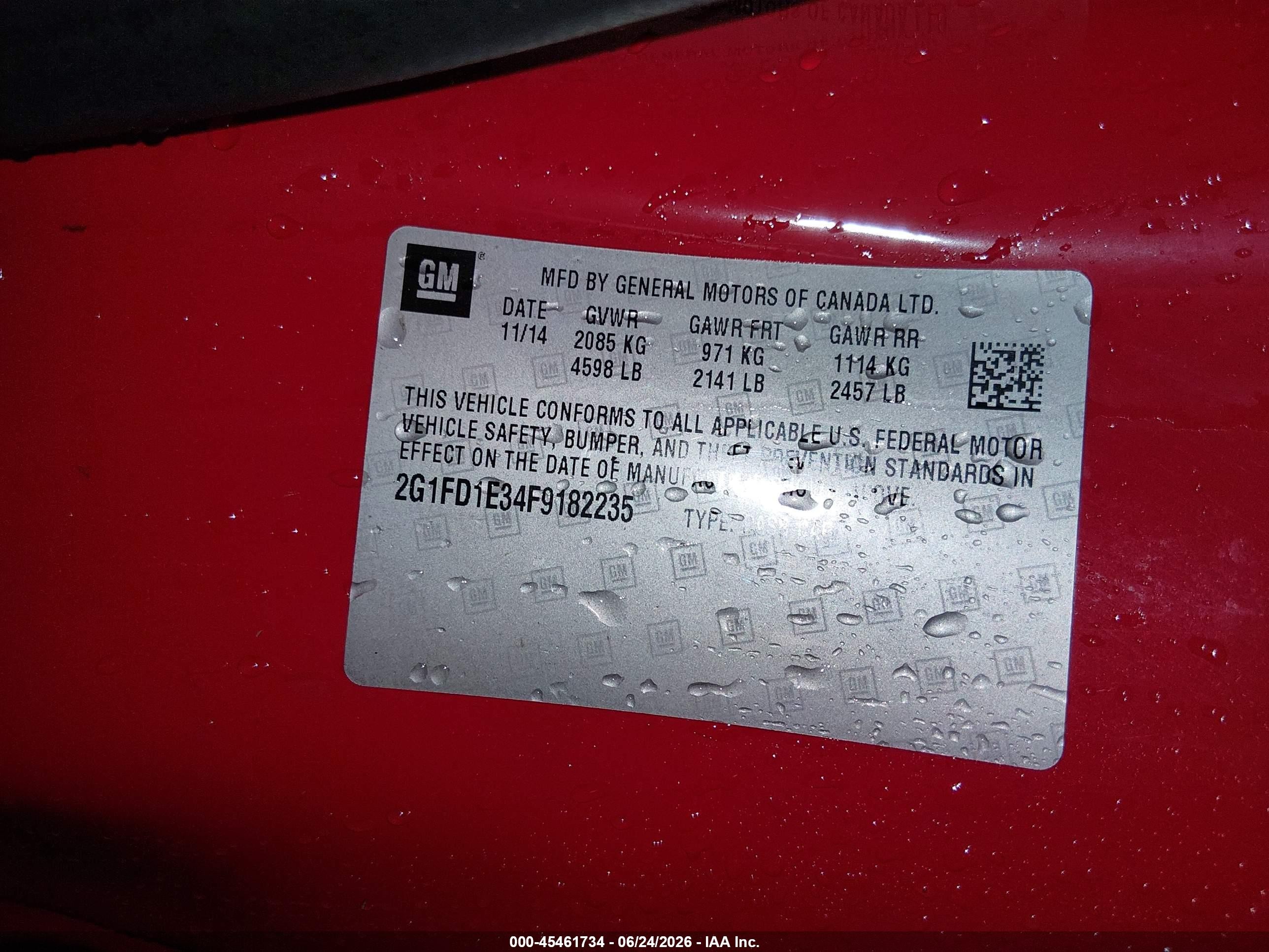 2015 Chevrolet Camaro 1lt Red vin: 2G1FD1E34F9182235