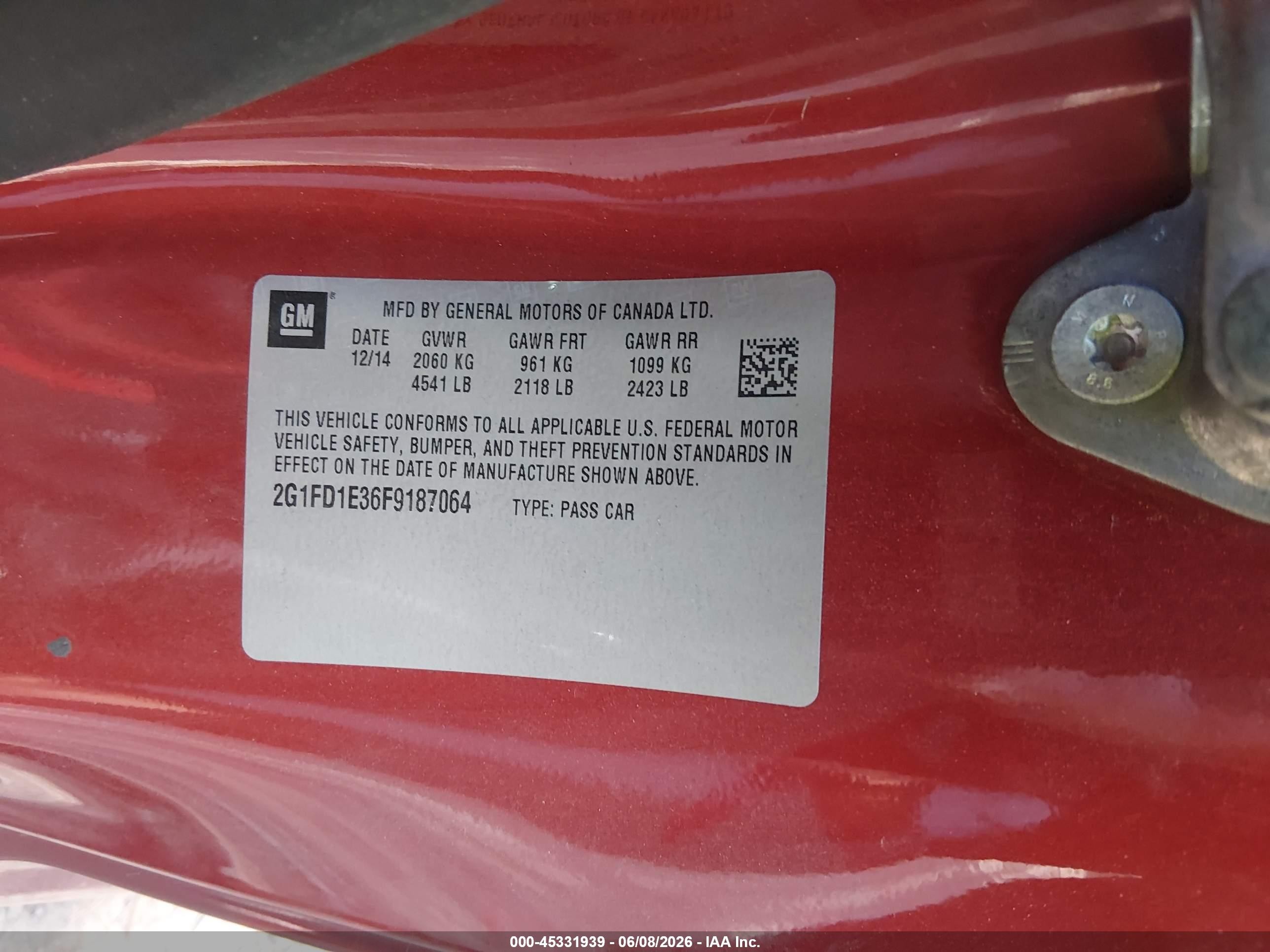 2015 Chevrolet Camaro 1lt Red vin: 2G1FD1E36F9187064