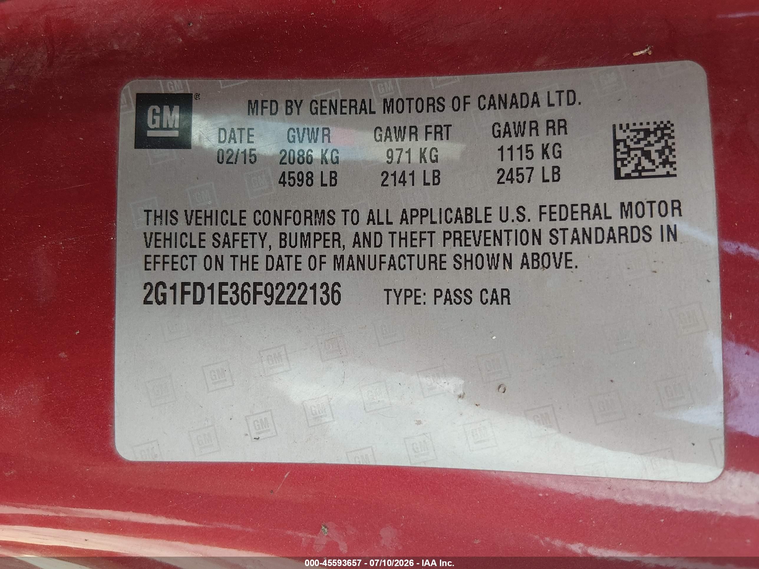 2015 Chevrolet Camaro 1lt Red vin: 2G1FD1E36F9222136