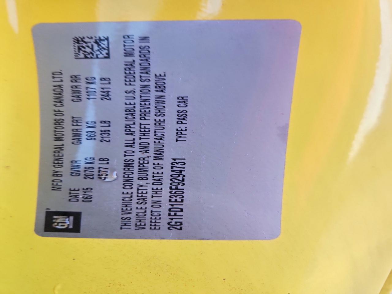 2015 Chevrolet Camaro Lt Yellow vin: 2G1FD1E36F9294731