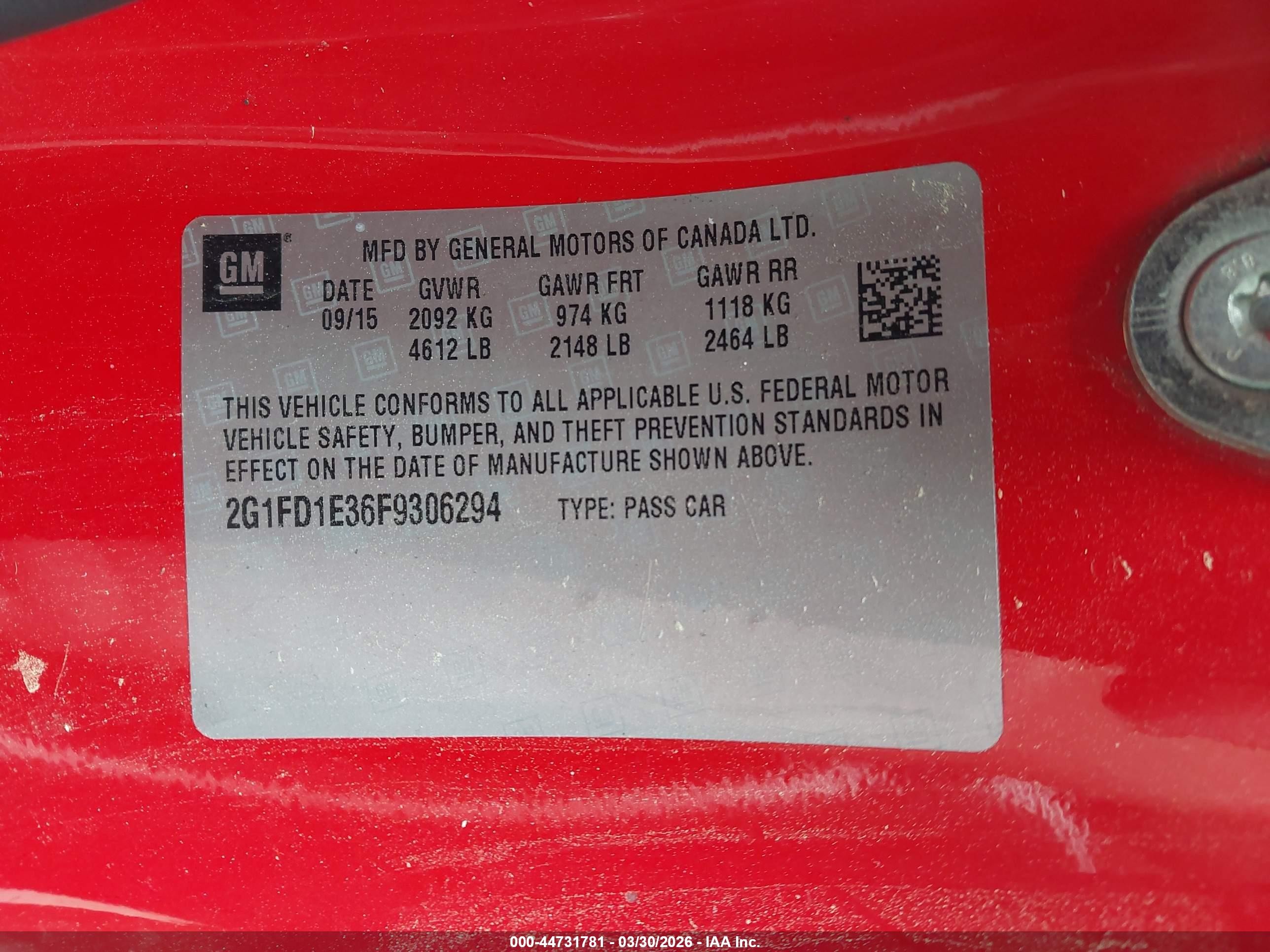 2015 Chevrolet Camaro 1lt Red vin: 2G1FD1E36F9306294