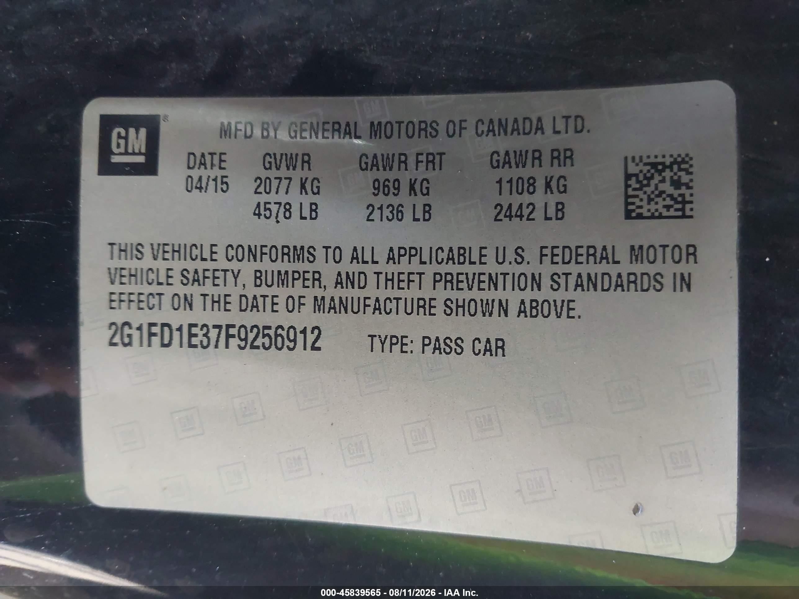 2015 Chevrolet Camaro 1lt Black vin: 2G1FD1E37F9256912