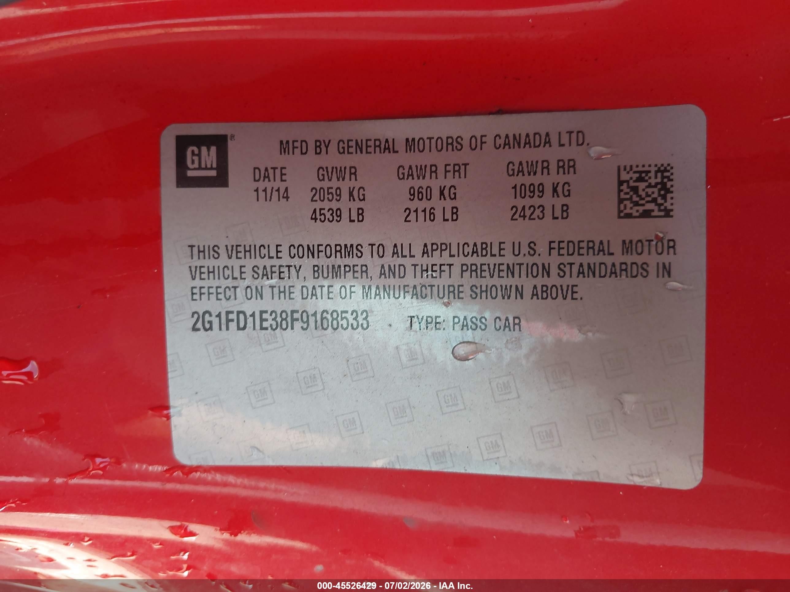 2015 Chevrolet Camaro 1lt Красный vin: 2G1FD1E38F9168533