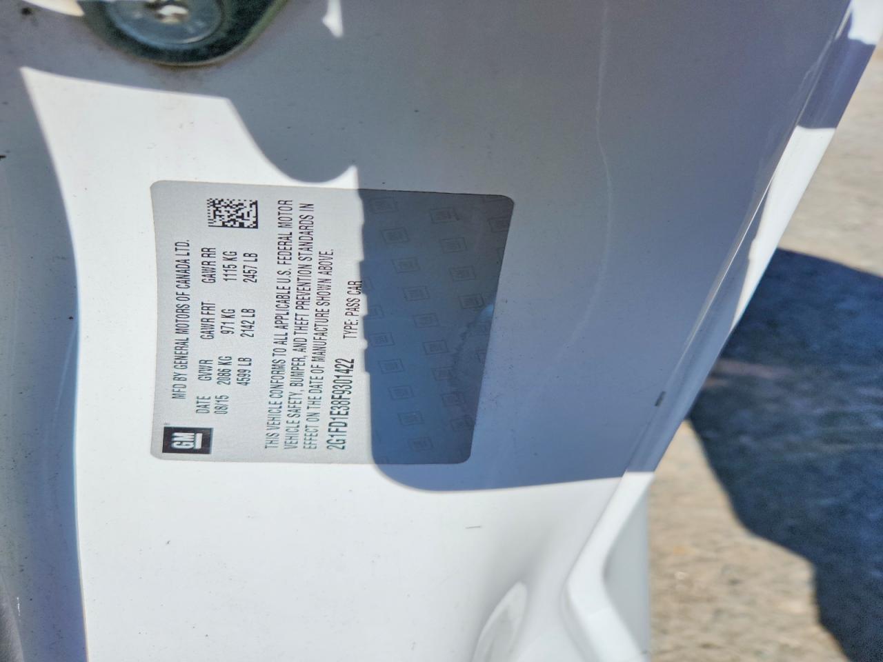 2015 Chevrolet Camaro Lt White vin: 2G1FD1E38F9301422