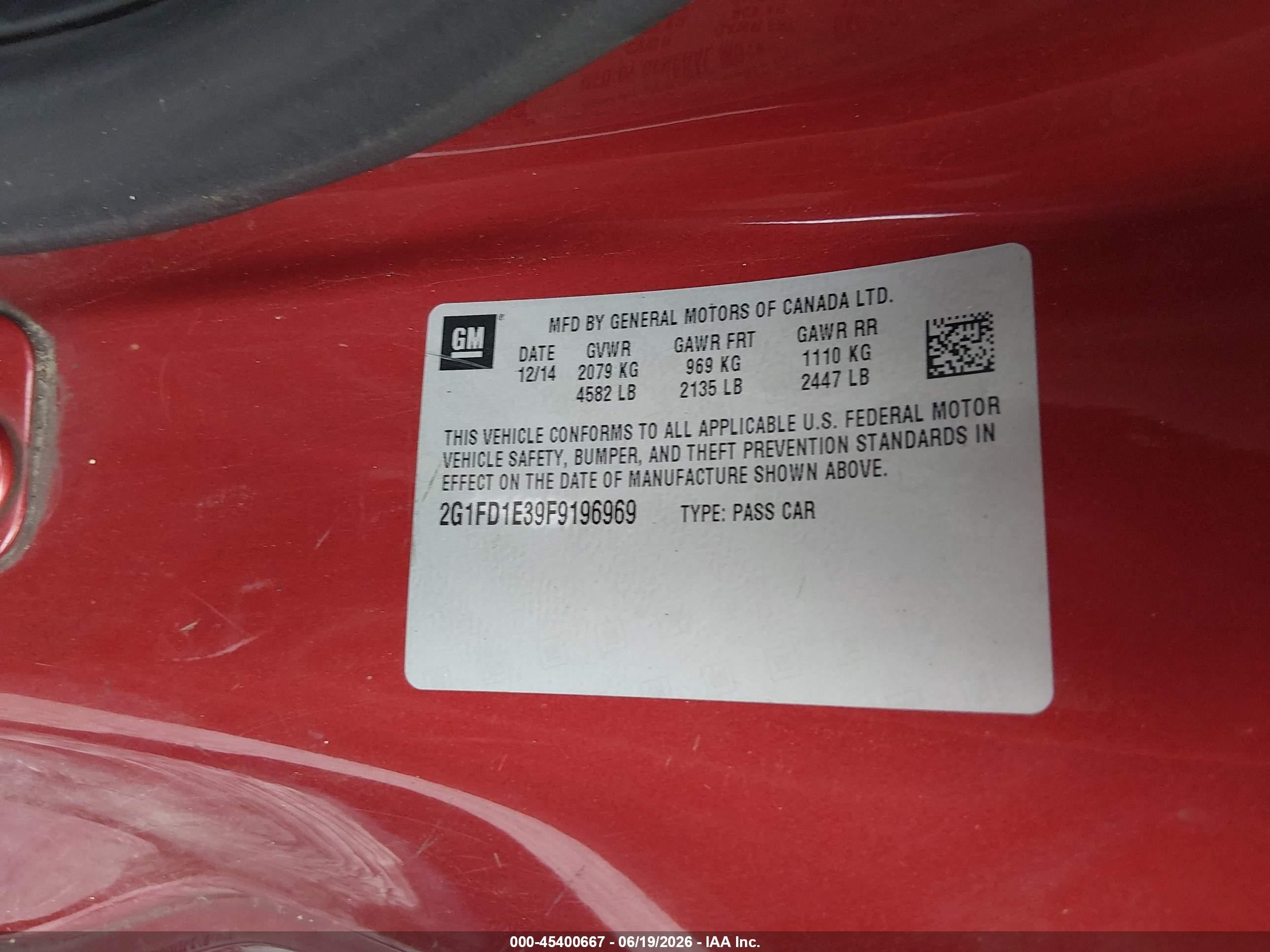 2015 Chevrolet Camaro 1lt Red vin: 2G1FD1E39F9196969