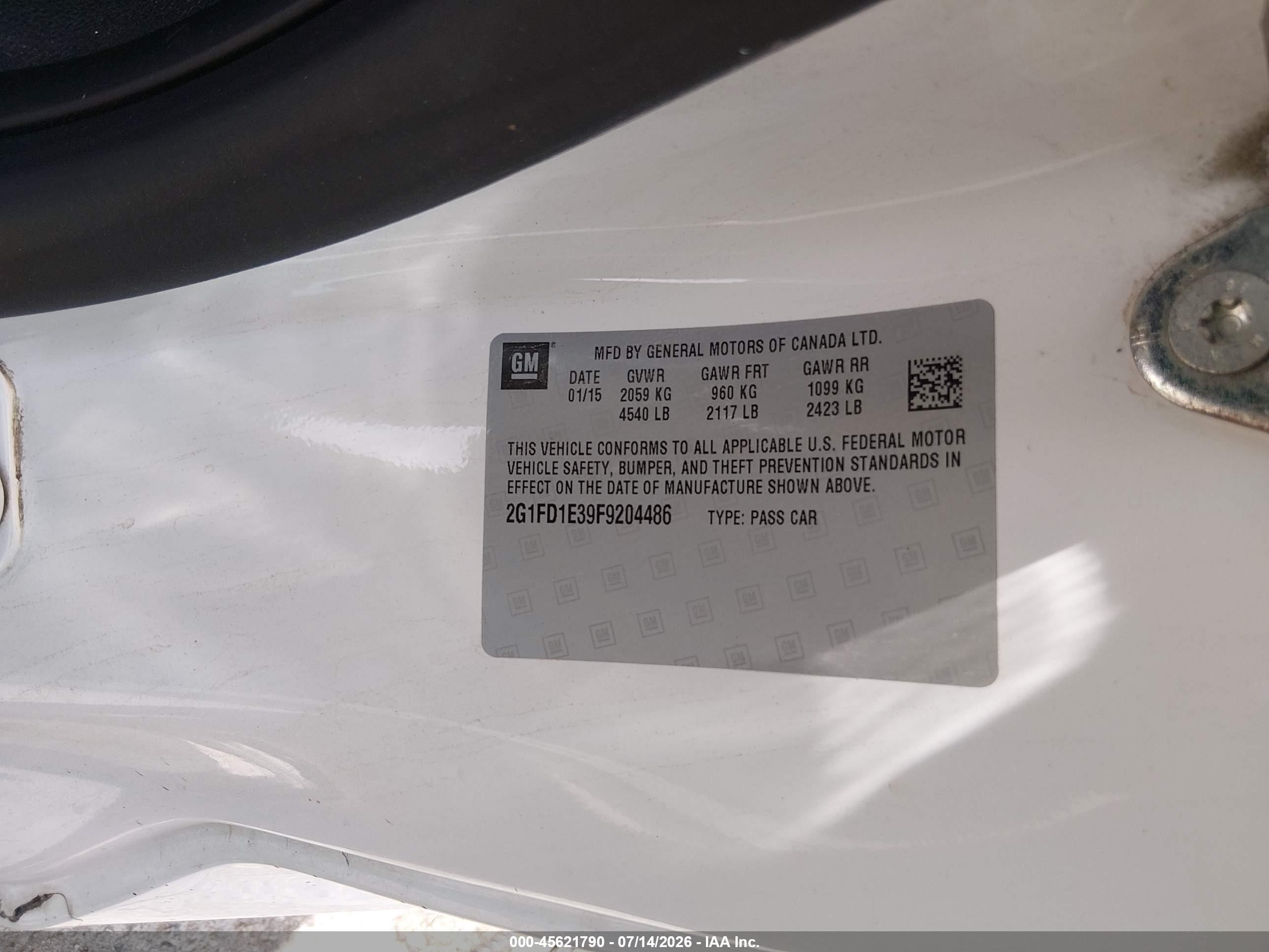 2015 Chevrolet Camaro 1lt White vin: 2G1FD1E39F9204486