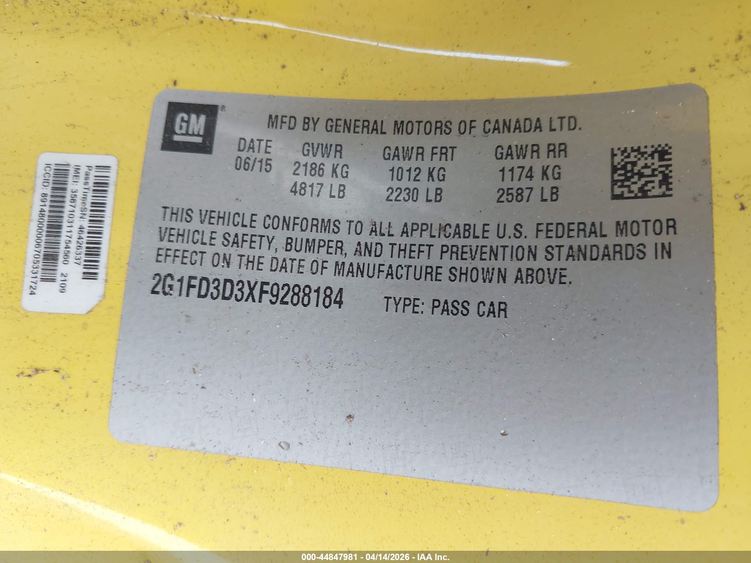 2015 Chevrolet Camaro 1lt Yellow vin: 2G1FD3D3XF9288184