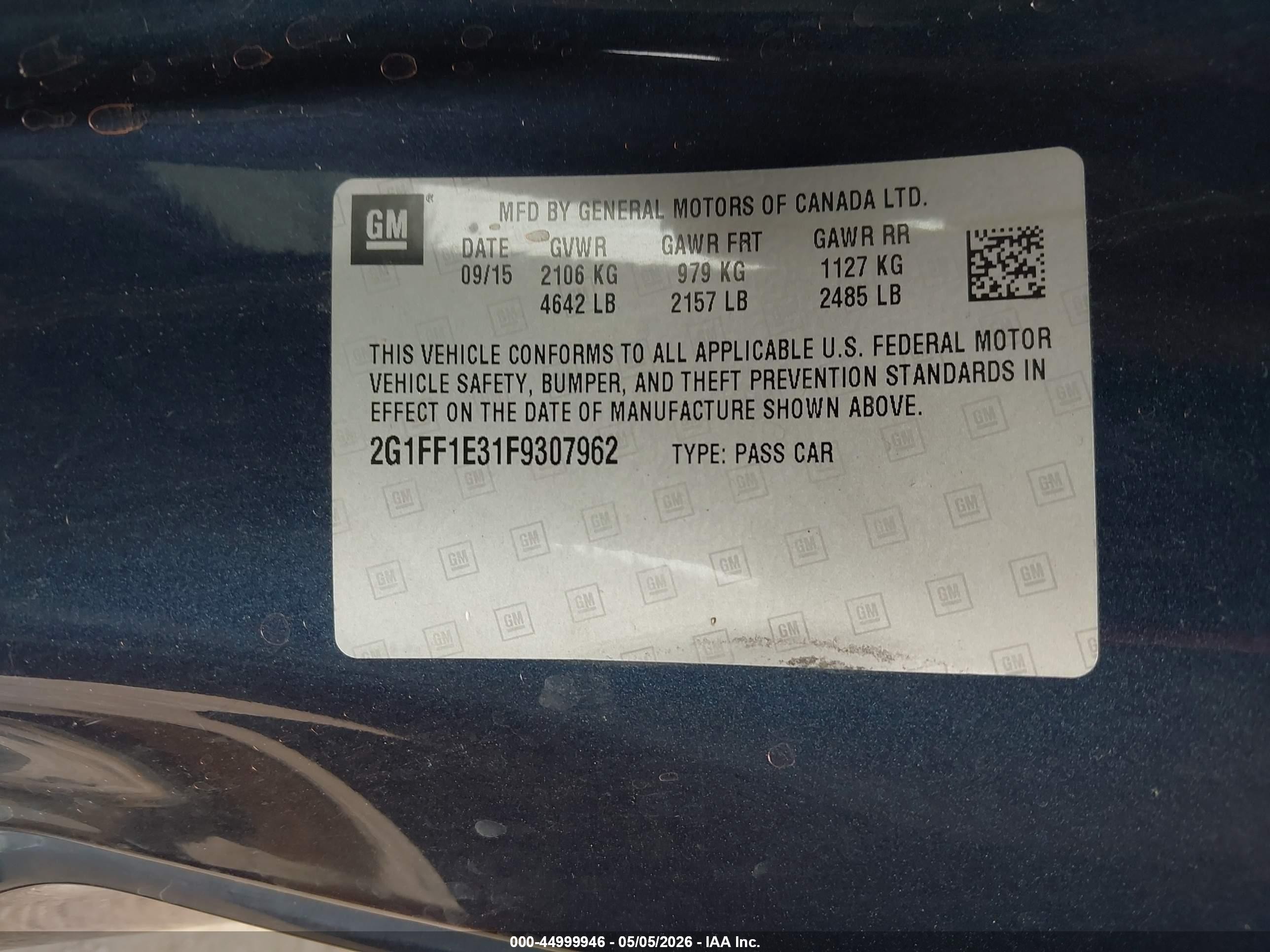 2015 Chevrolet Camaro 2lt Blue vin: 2G1FF1E31F9307962