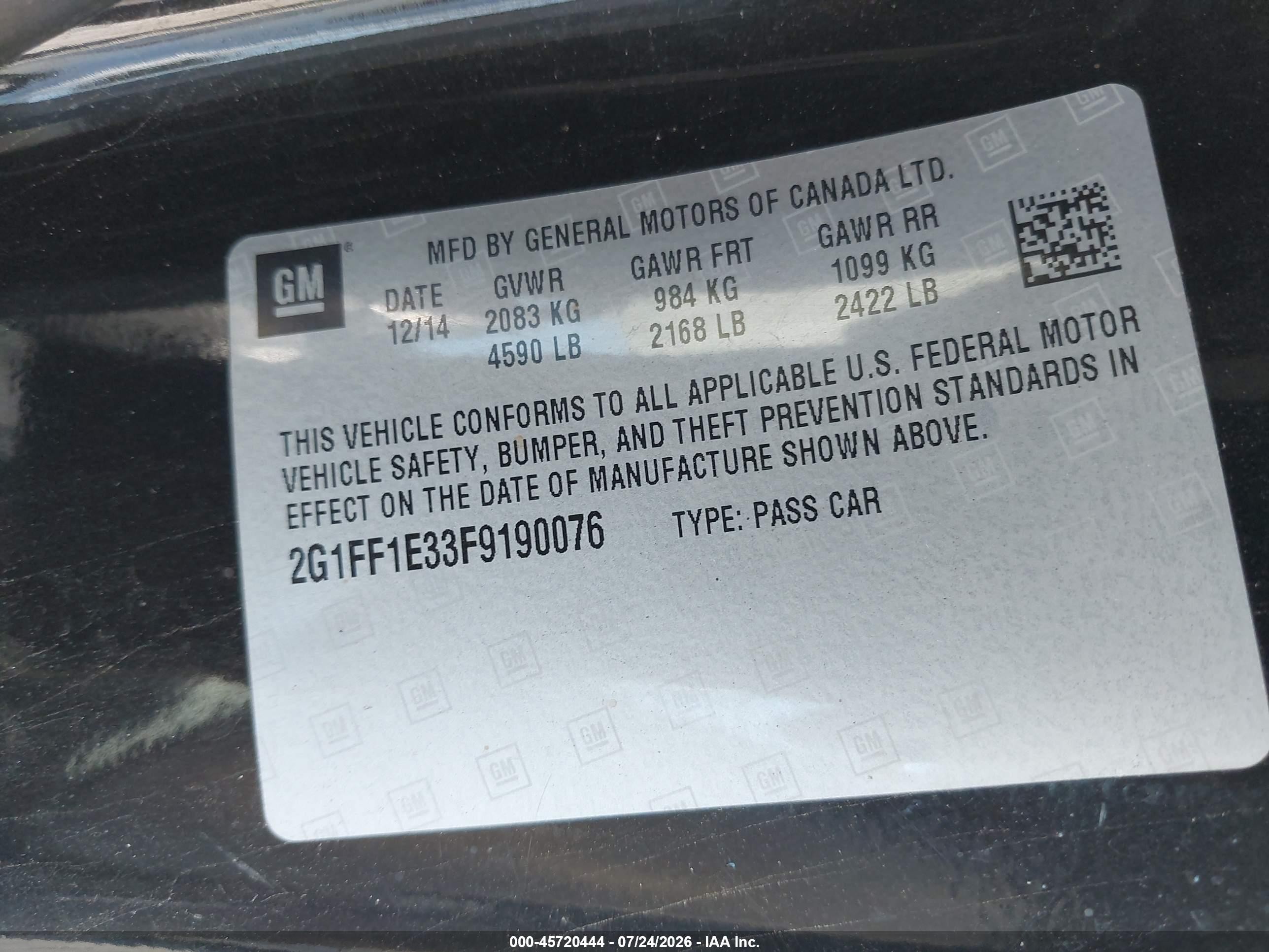 2015 Chevrolet Camaro 2lt Black vin: 2G1FF1E33F9190076