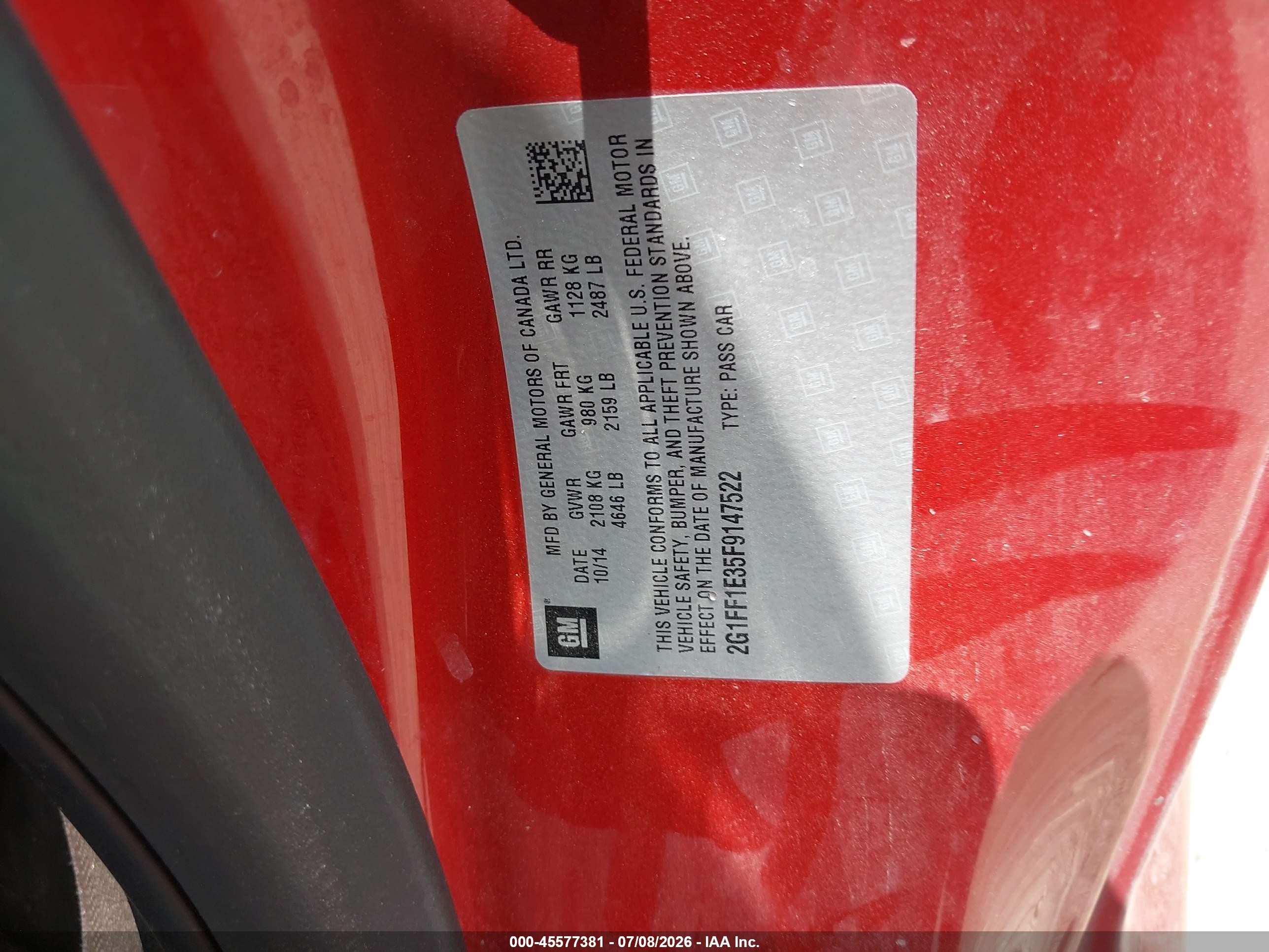 2015 Chevrolet Camaro 2lt Бордовый vin: 2G1FF1E35F9147522