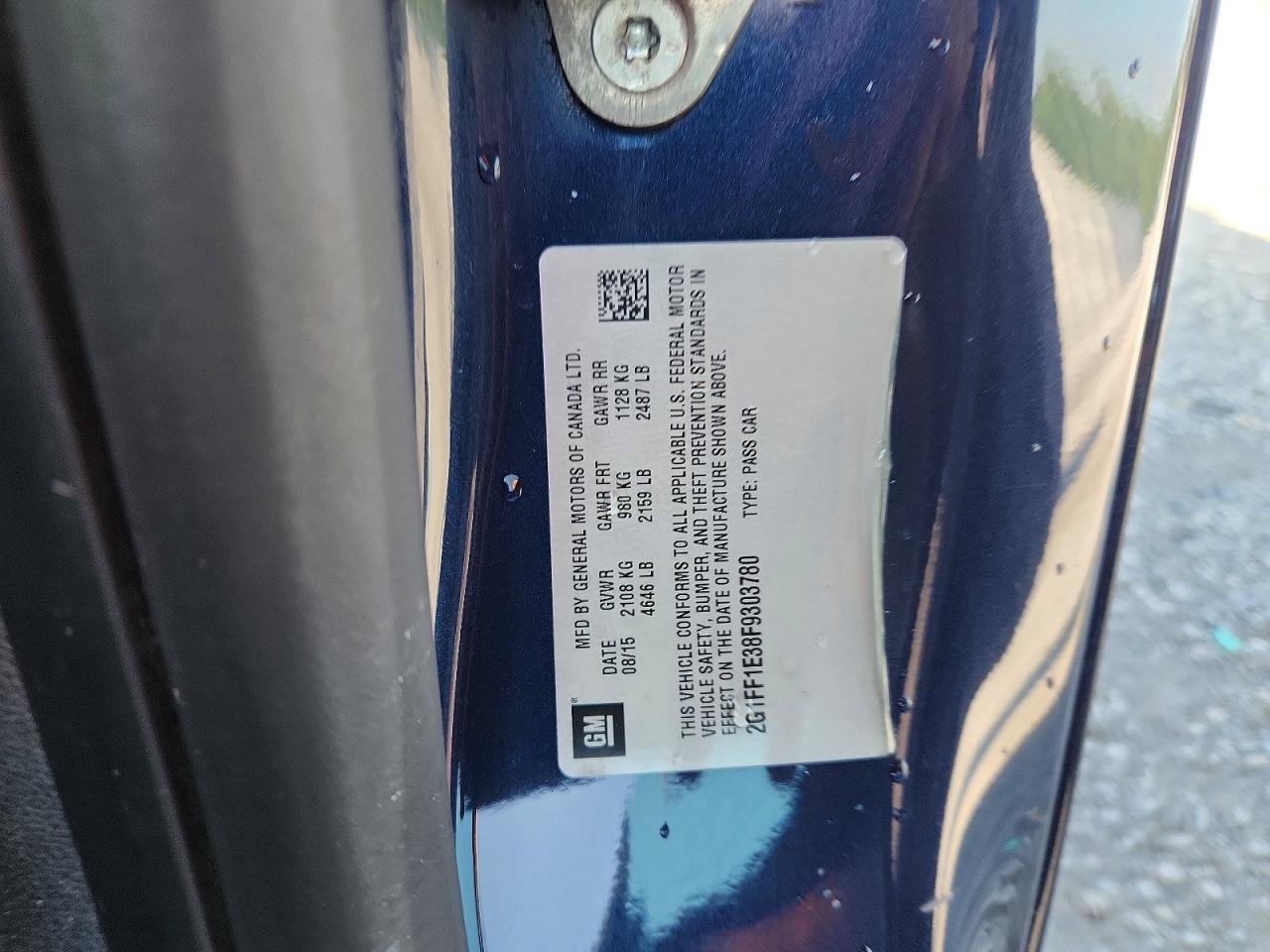 2015 Chevrolet Camaro Lt Blue vin: 2G1FF1E38F9303780
