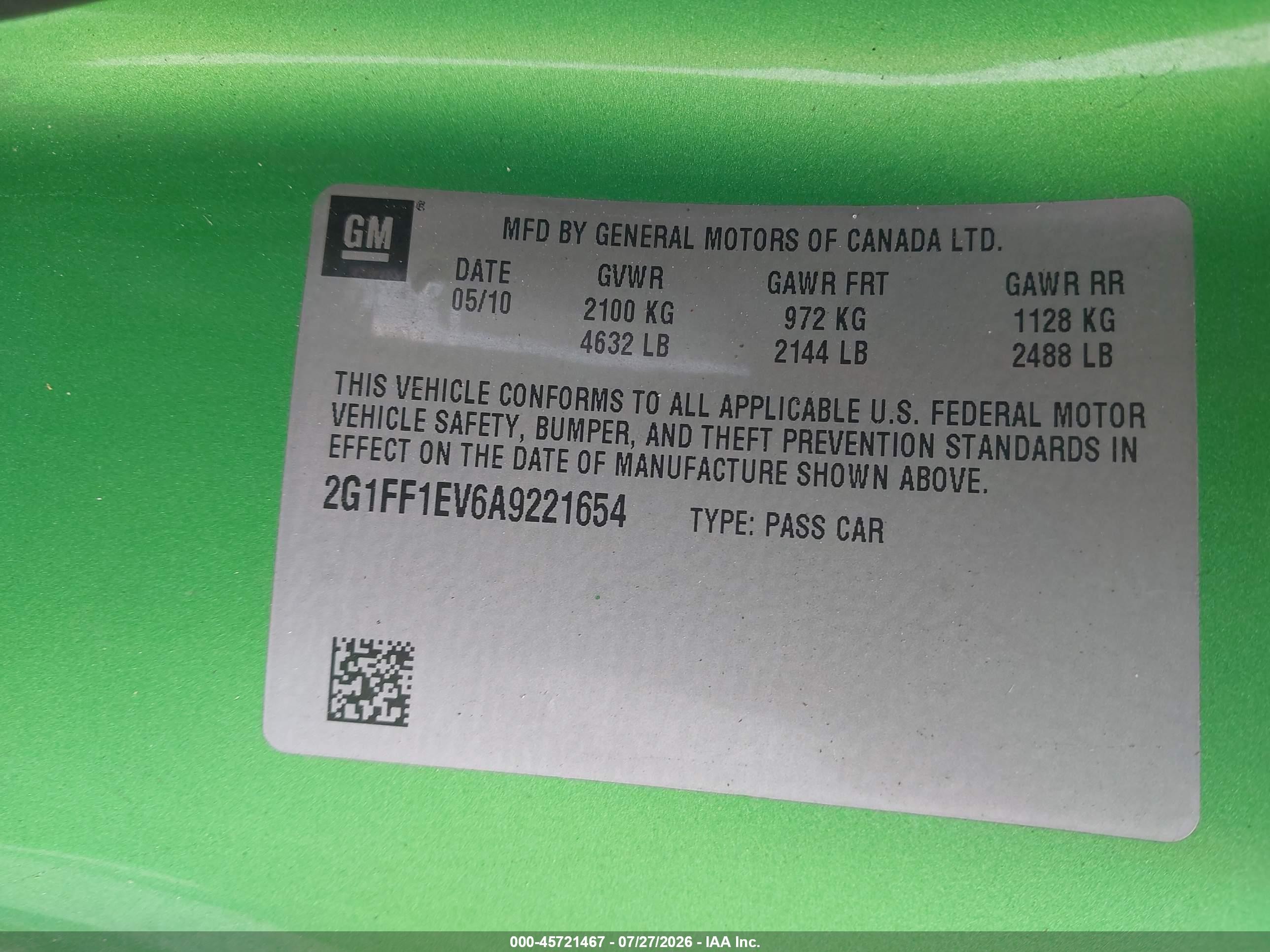2010 Chevrolet Camaro 1lt Green vin: 2G1FF1EV6A9221654