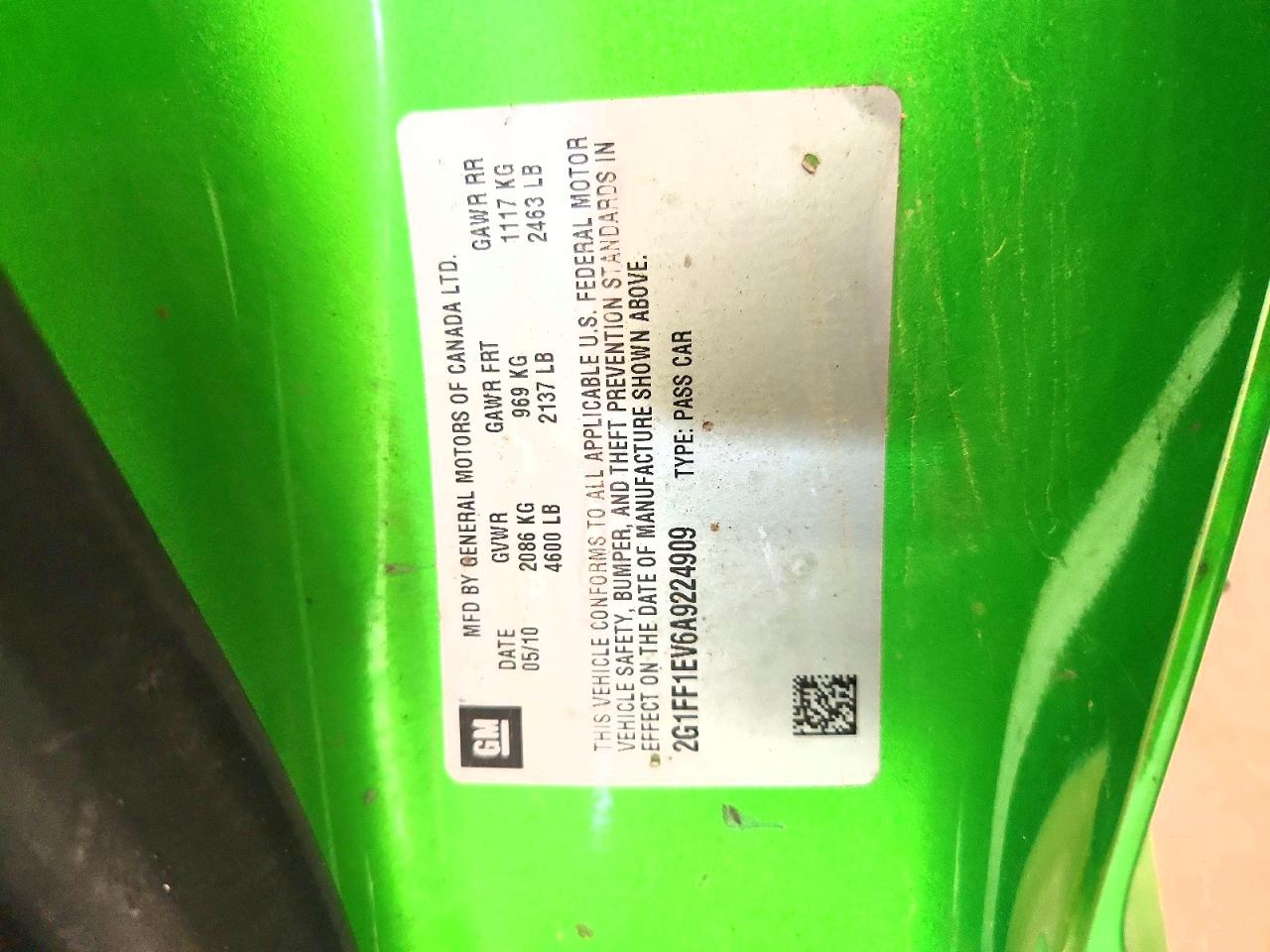 2010 Chevrolet Camaro Lt Green vin: 2G1FF1EV6A9224909