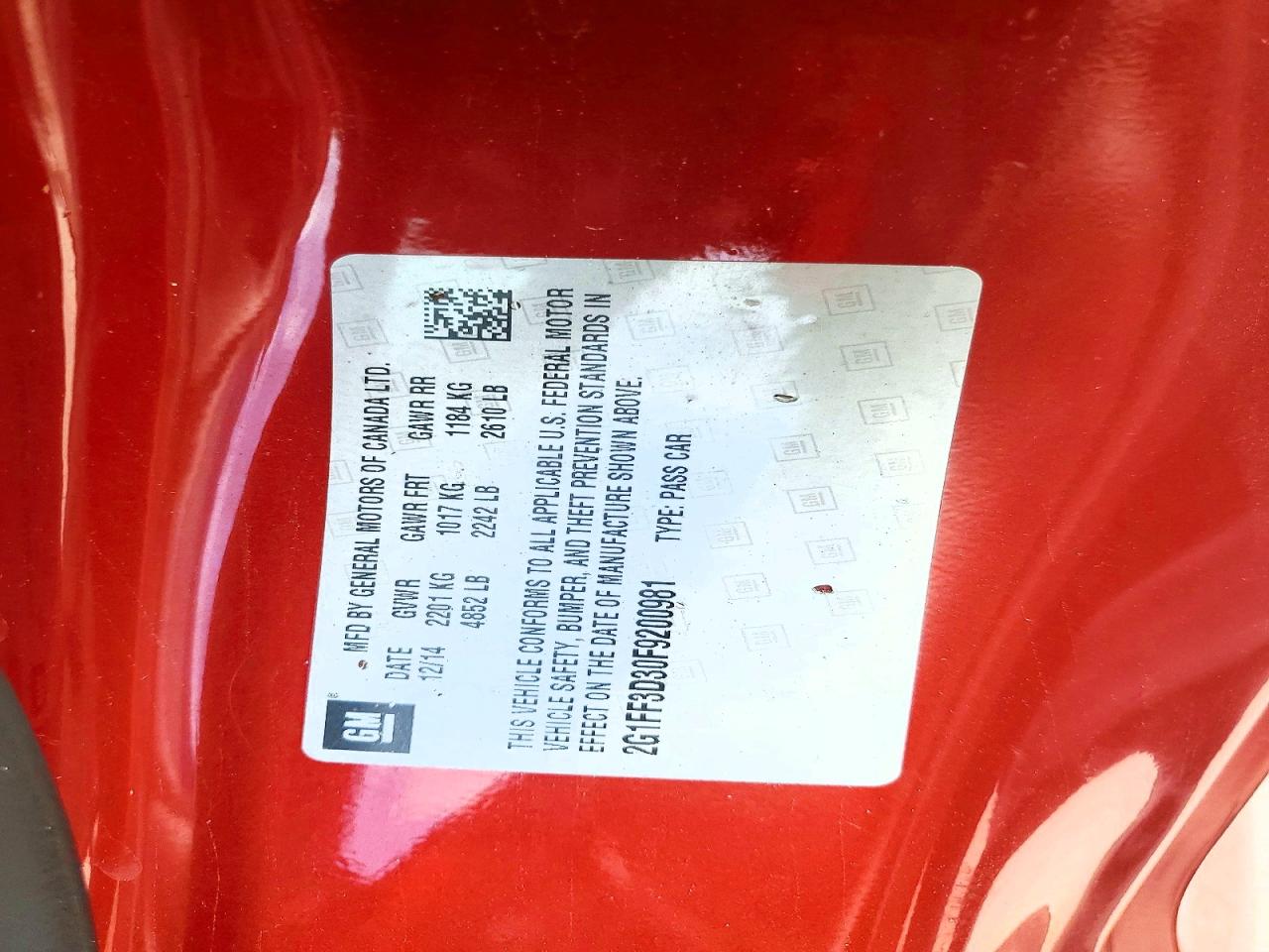 2015 Chevrolet Camaro Lt Red vin: 2G1FF3D30F9200981
