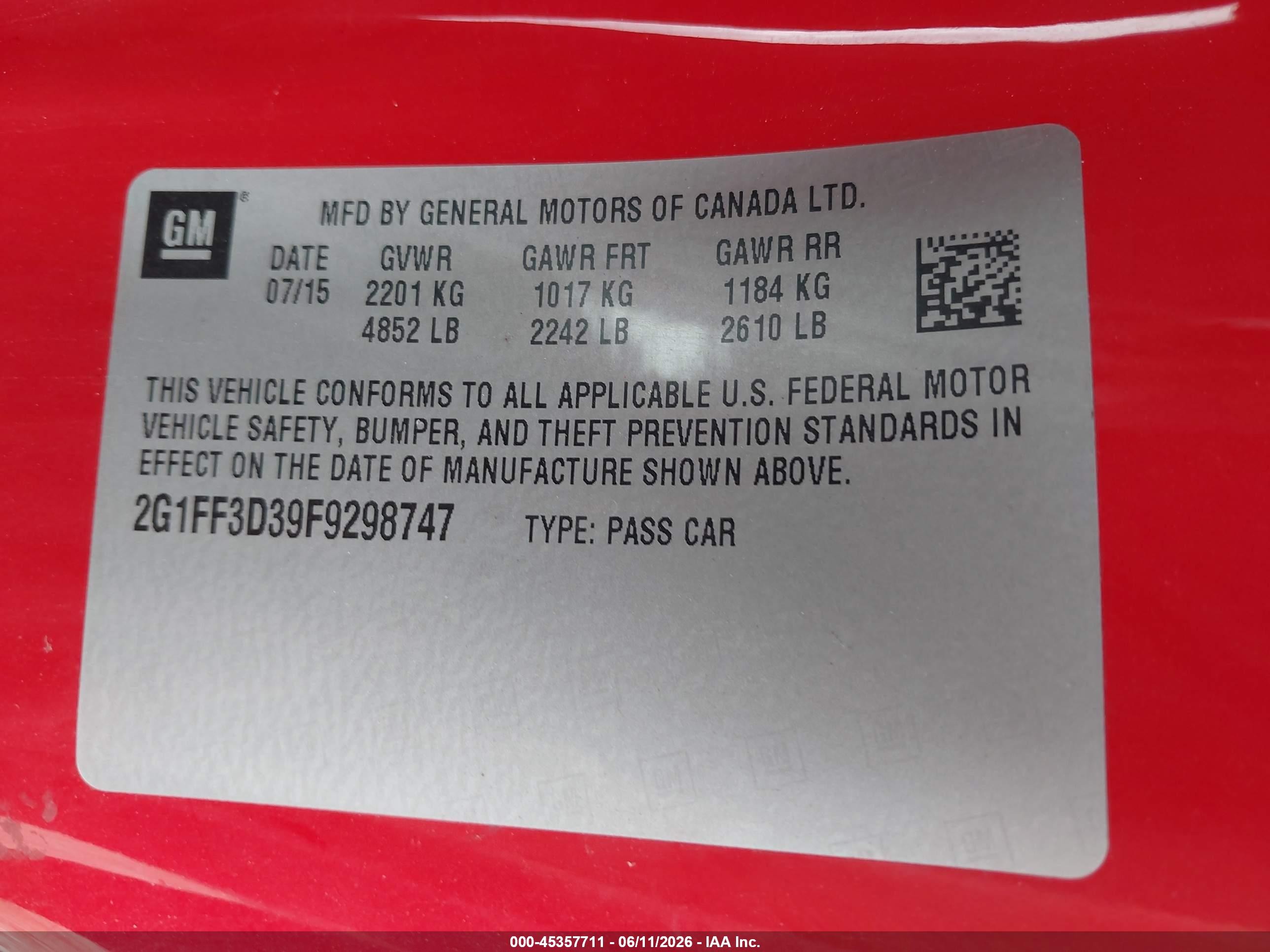 2015 Chevrolet Camaro 2lt Red vin: 2G1FF3D39F9298747