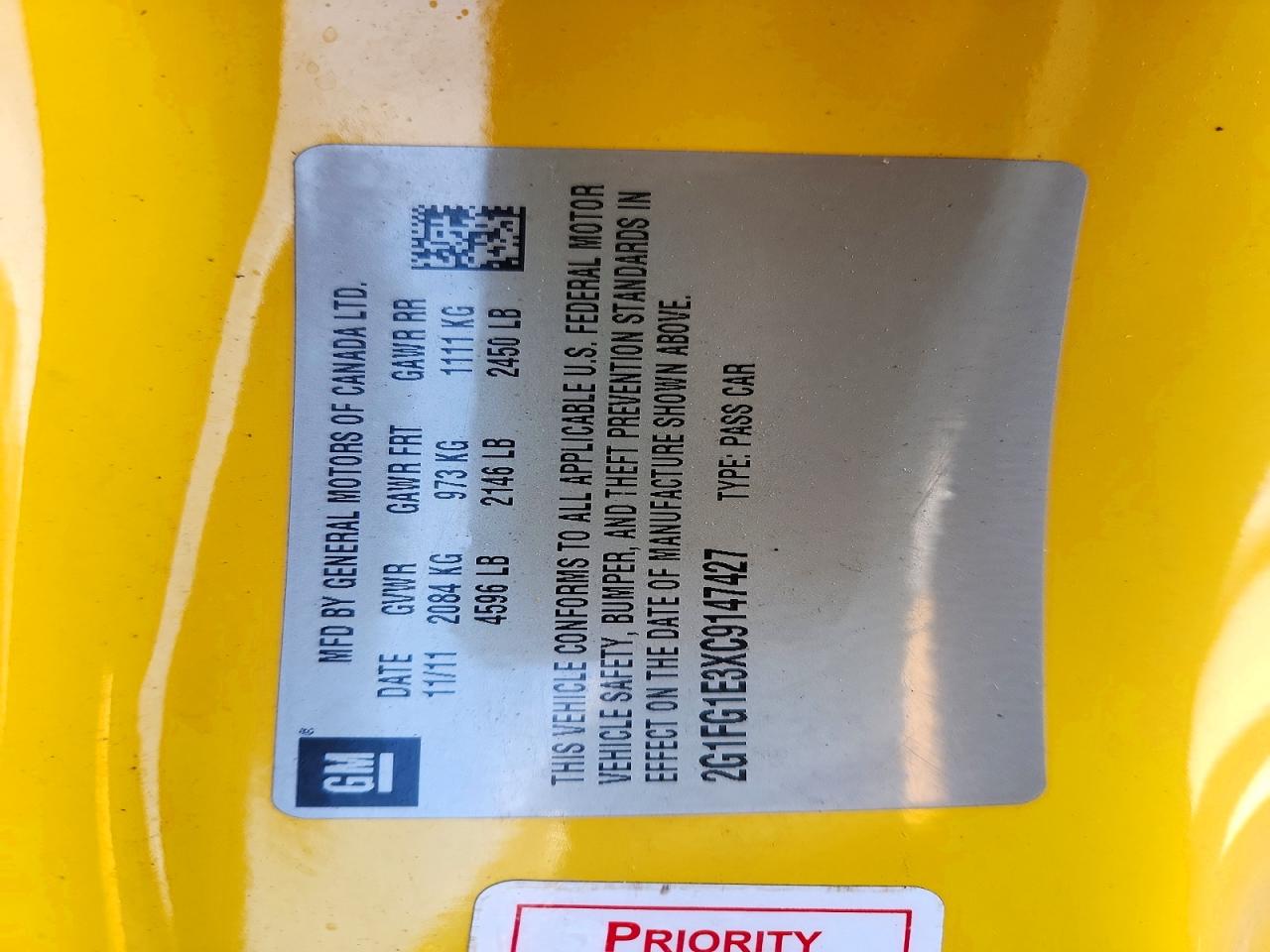 2012 Chevrolet Camaro Lt Yellow vin: 2G1FG1E3XC9147427