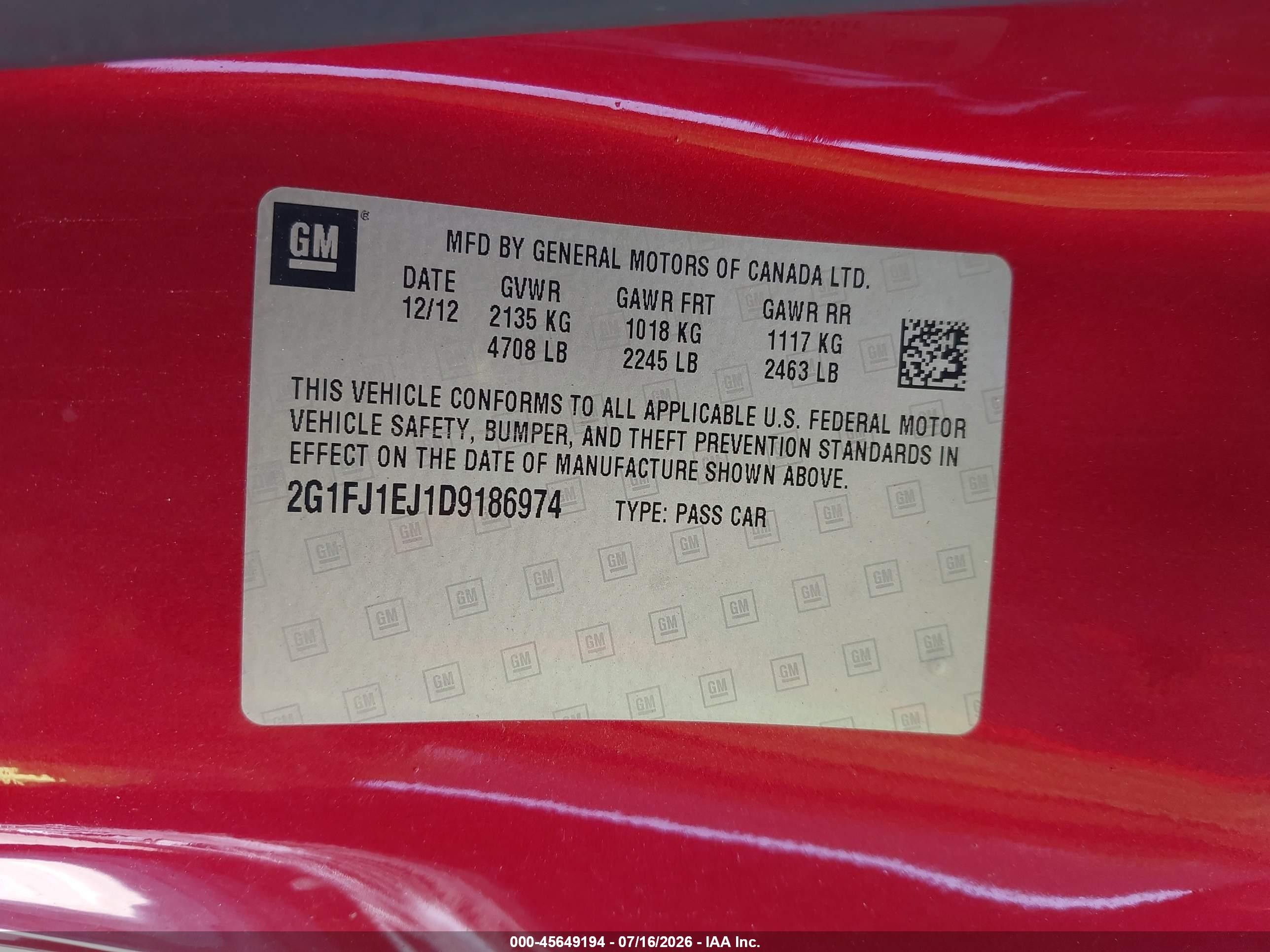 2013 Chevrolet Camaro 1ss Red vin: 2G1FJ1EJ1D9186974