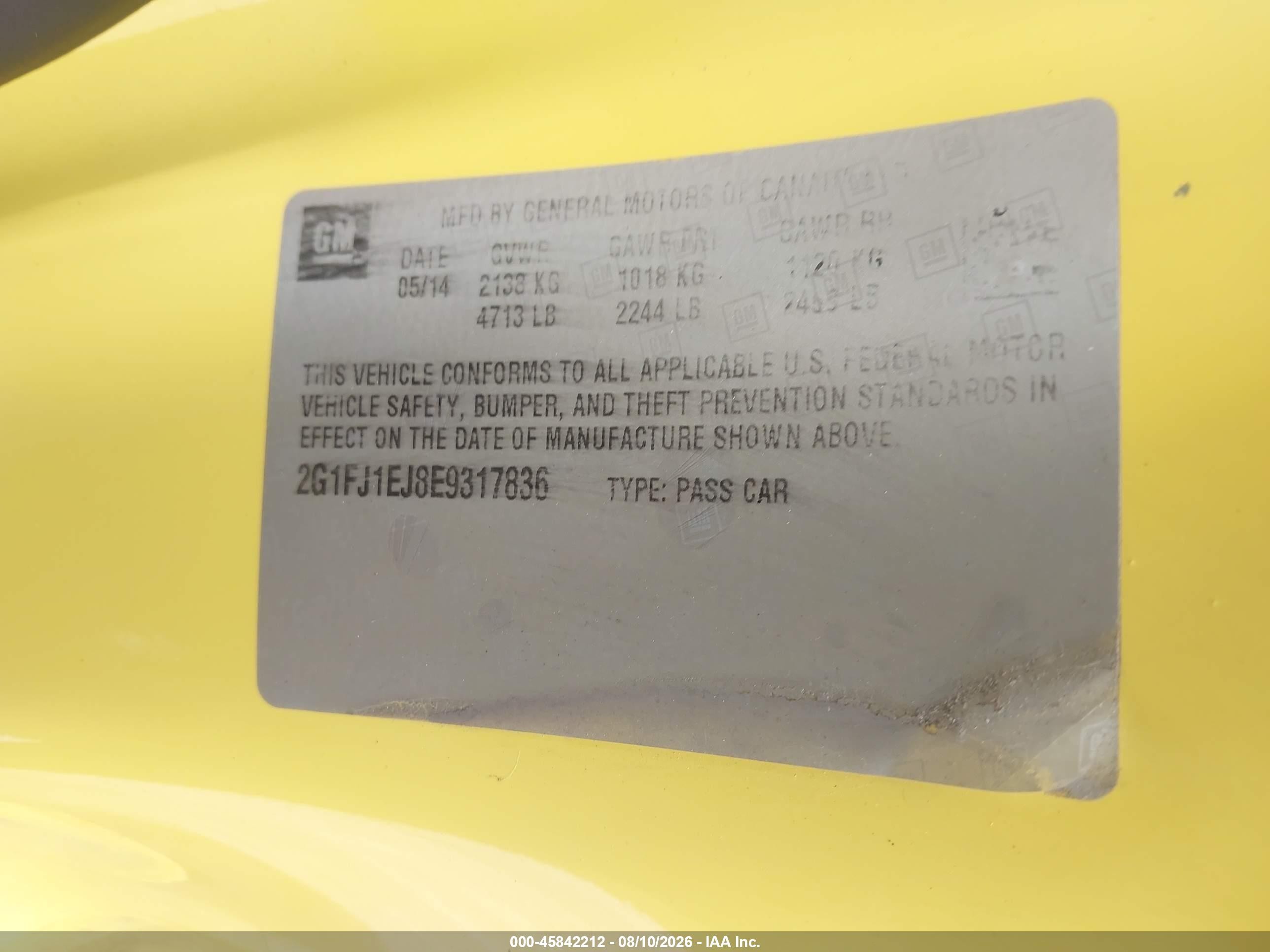 2014 Chevrolet Camaro 1ss Yellow vin: 2G1FJ1EJ8E9317836
