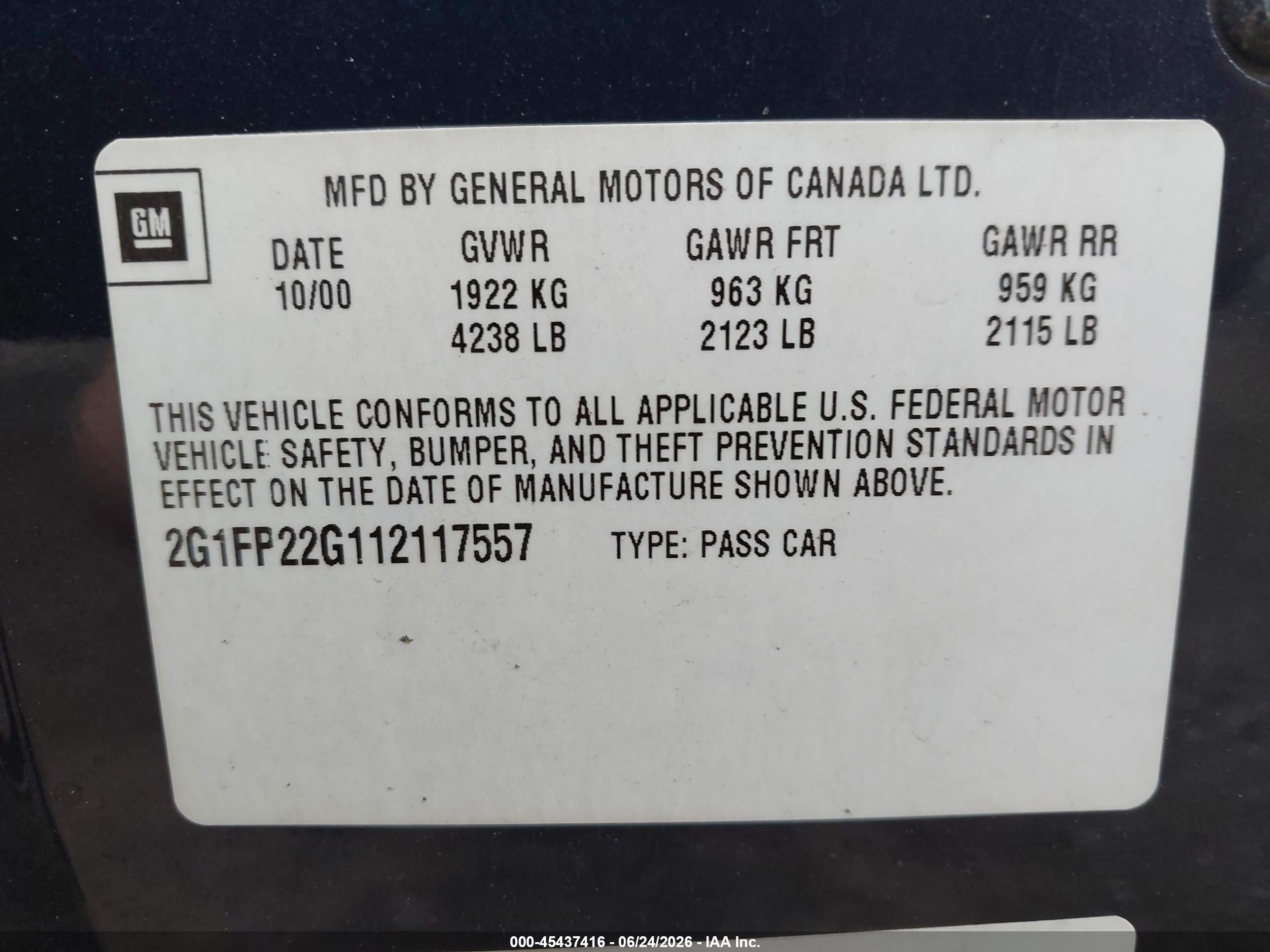 2001 Chevrolet Camaro Z28 Dark Blue vin: 2G1FP22G112117557