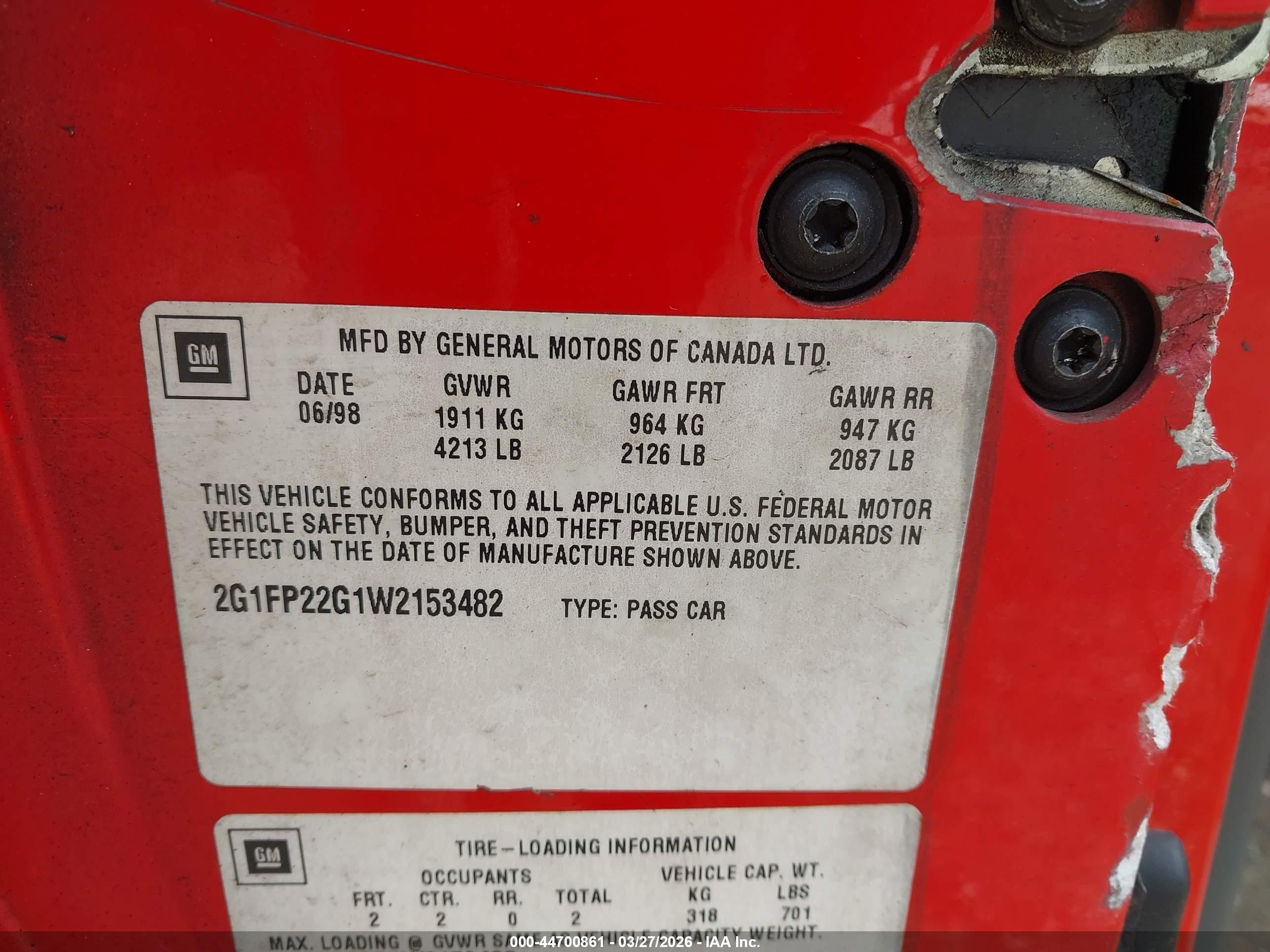1998 Chevrolet Camaro Z28 Red vin: 2G1FP22G1W2153482