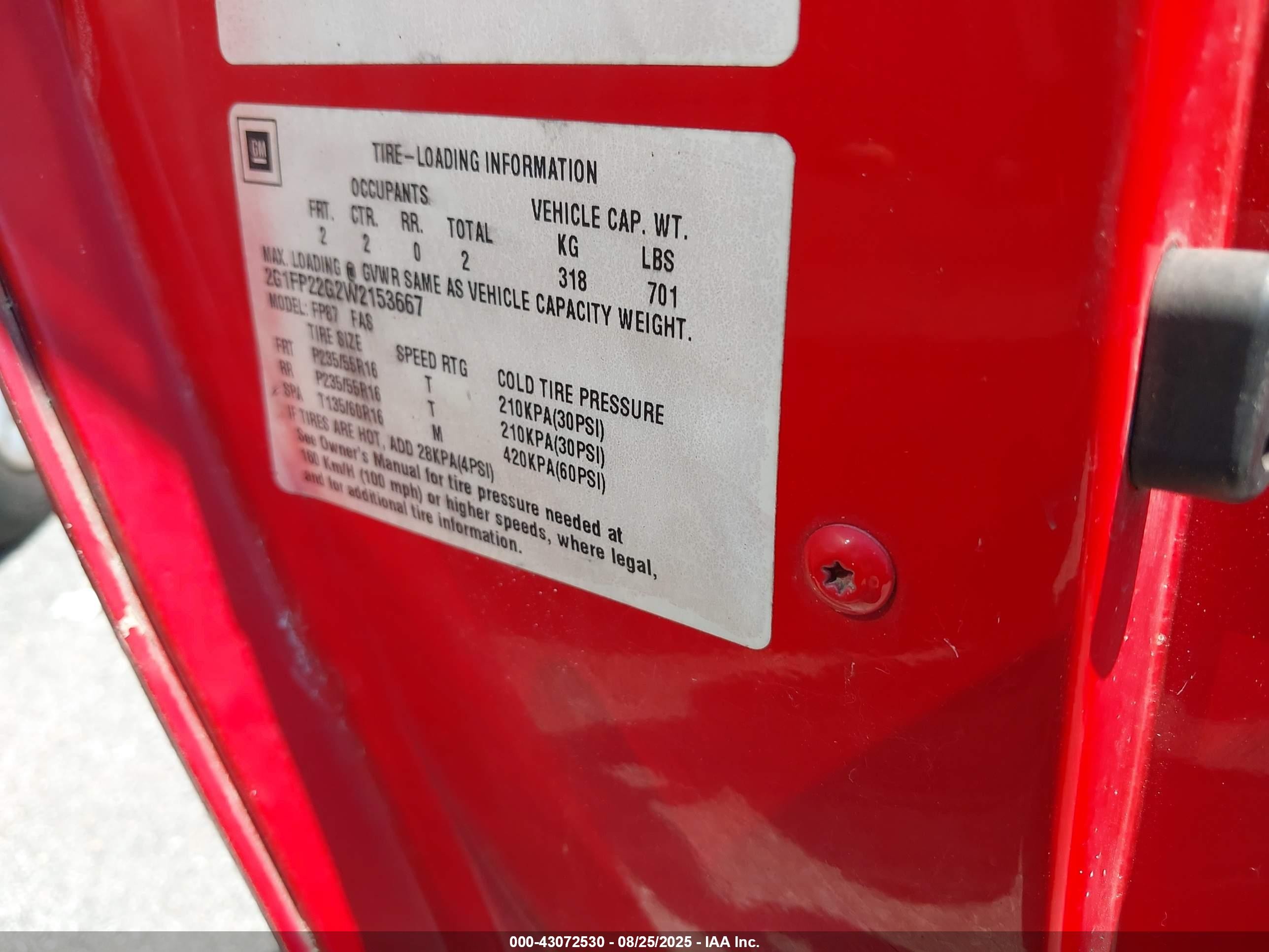 1998 Chevrolet Camaro Z28 Red vin: 2G1FP22G2W2153667