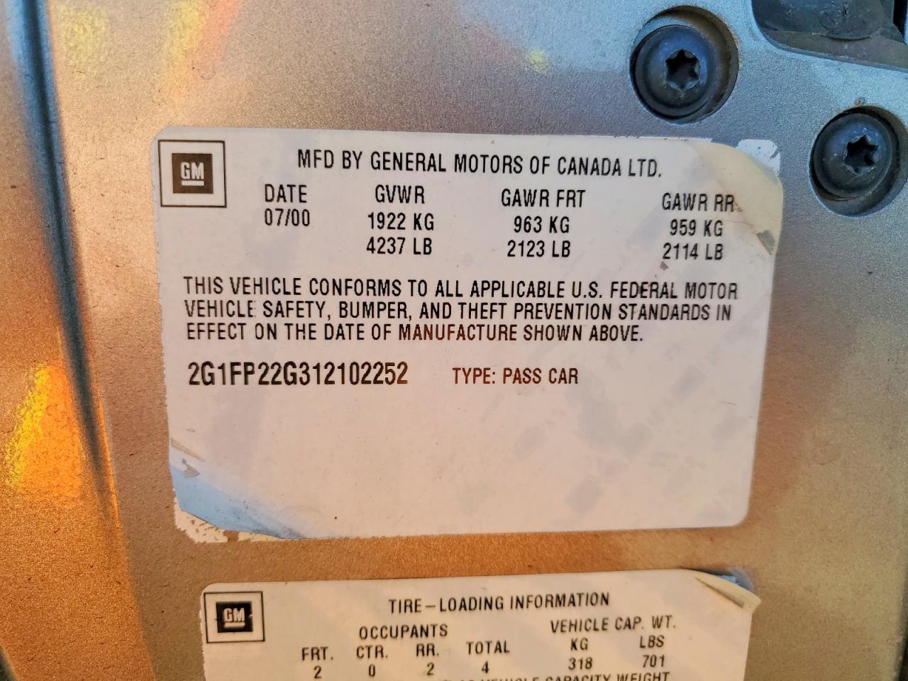 2001 Chevrolet Camaro Z28 Beige vin: 2G1FP22G312102252