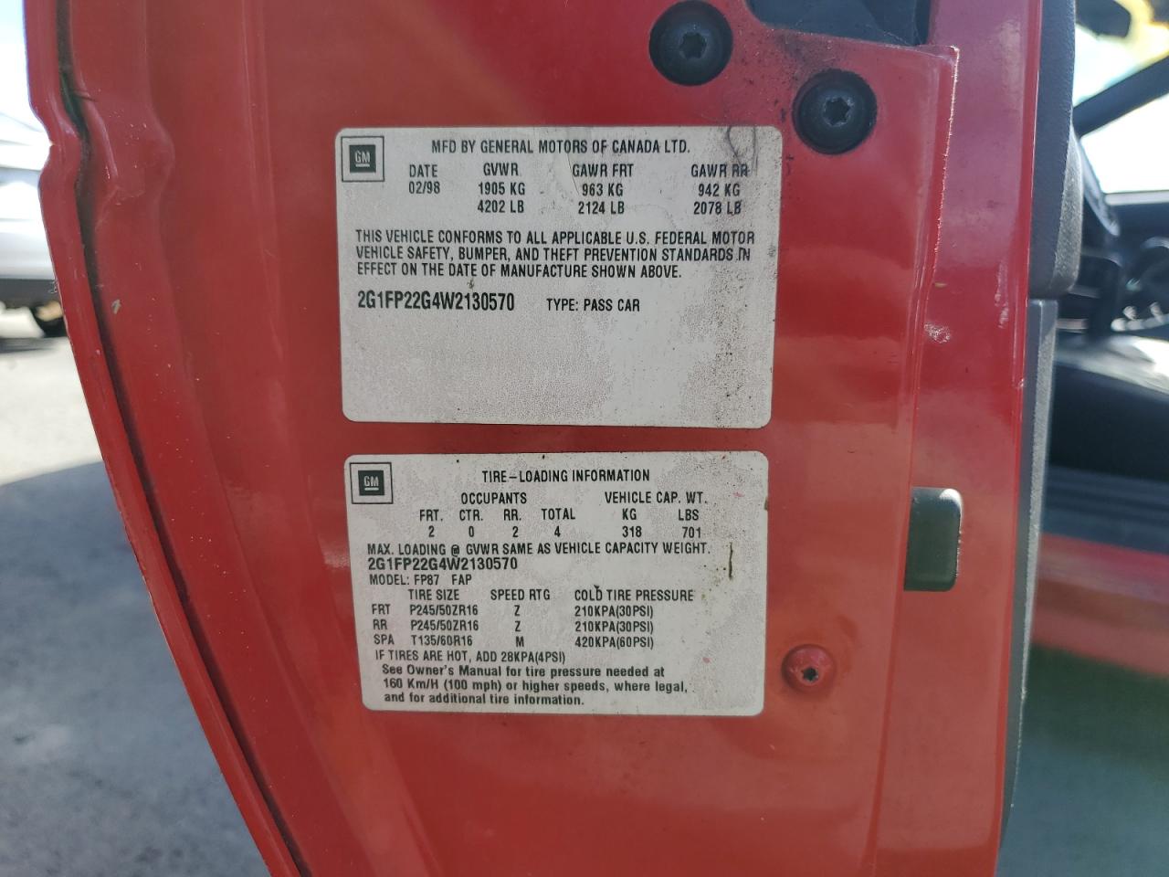 1998 Chevrolet Camaro Z28 Red vin: 2G1FP22G4W2130570