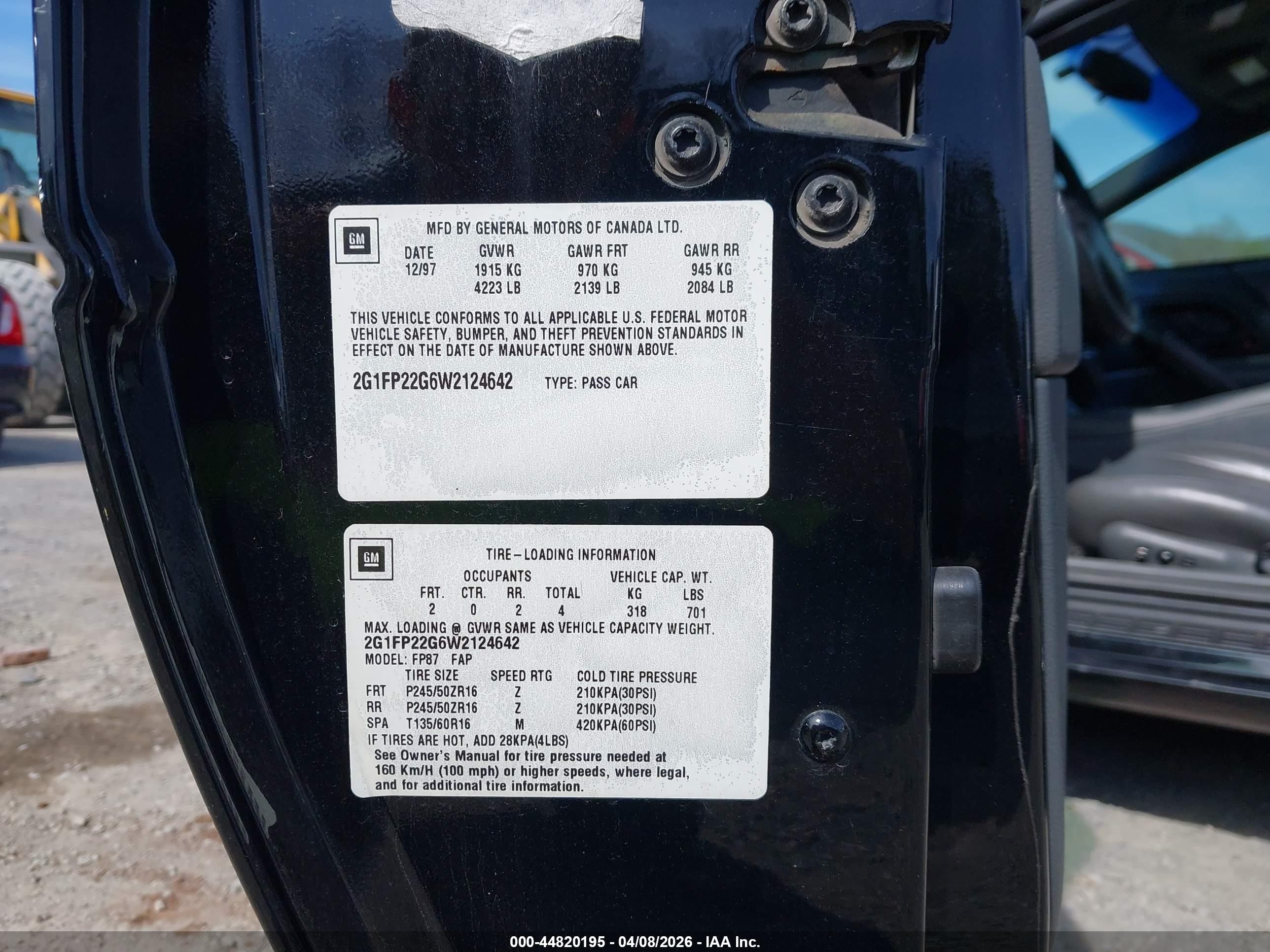 1998 Chevrolet Camaro Z28 Черный vin: 2G1FP22G6W2124642
