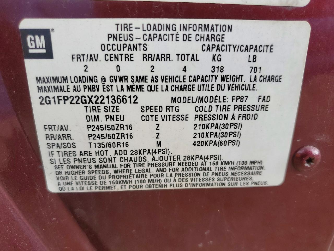 2002 Chevrolet Camaro Z28 Burgundy vin: 2G1FP22GX22136612