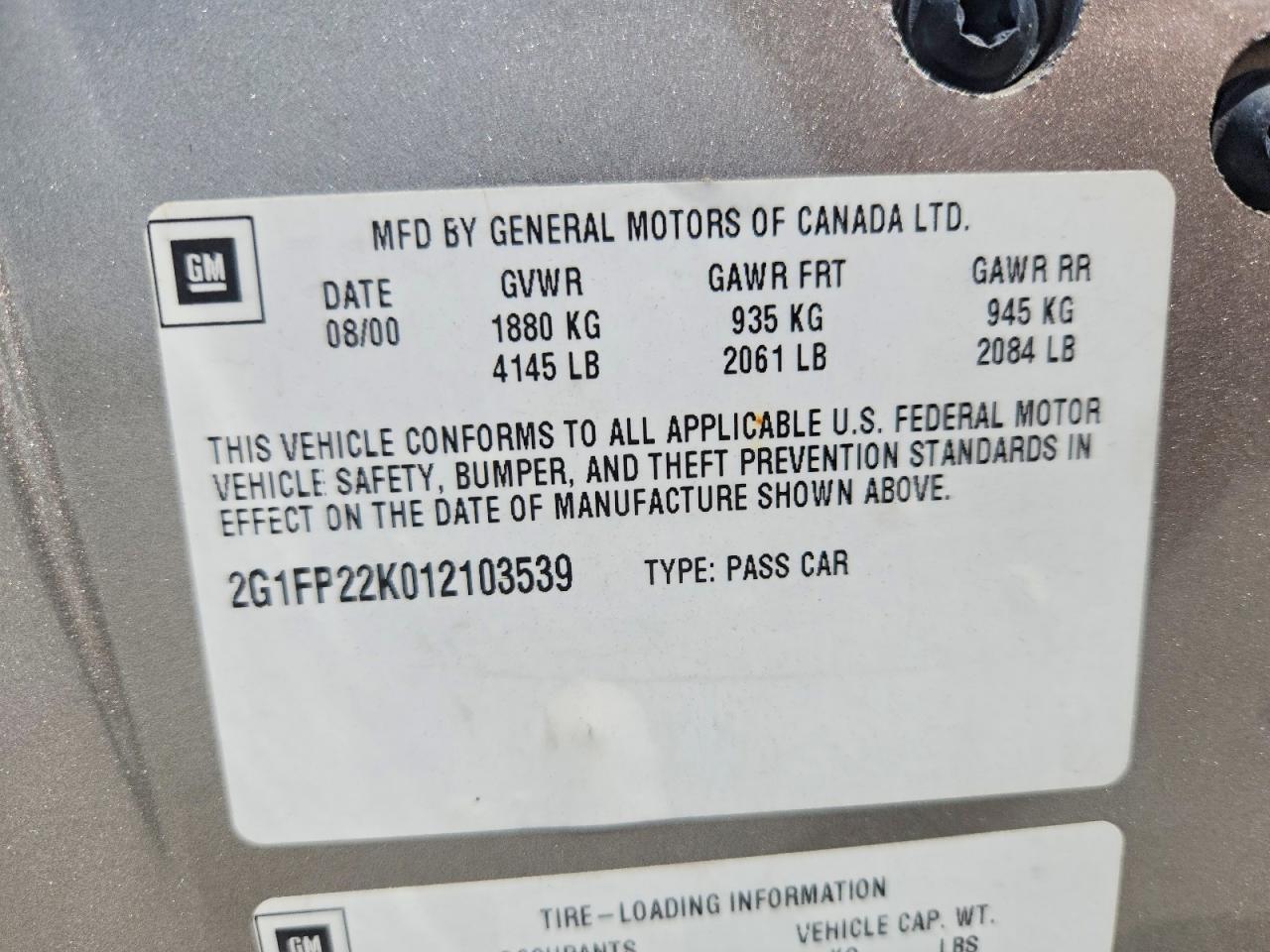 2001 Chevrolet Camaro Silver vin: 2G1FP22K012103539