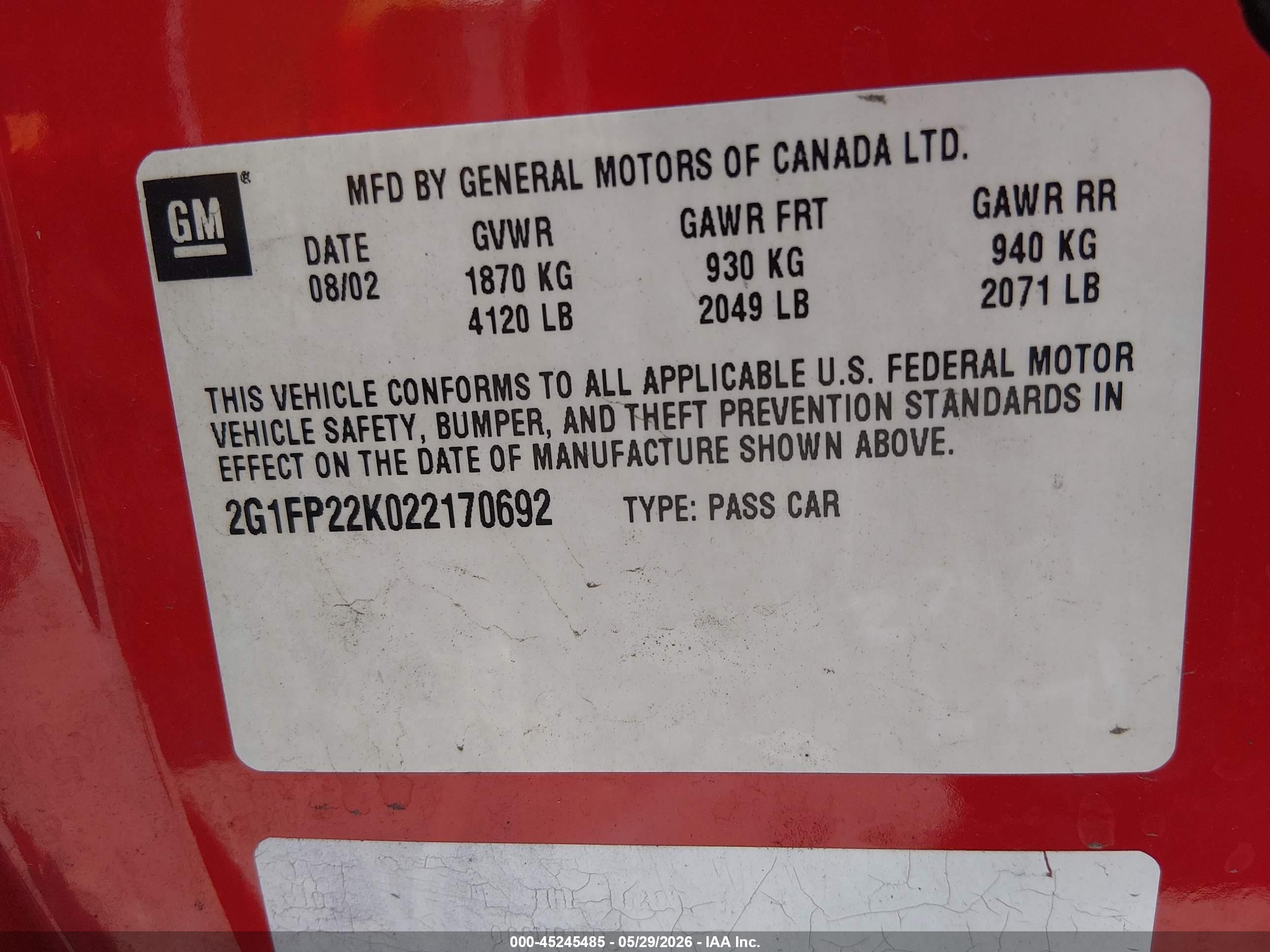 2002 Chevrolet Camaro   Red vin: 2G1FP22K022170692