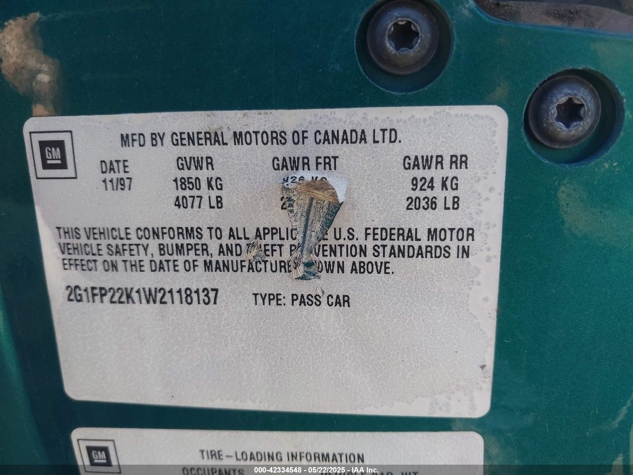 1998 Chevrolet Camaro   Зеленый vin: 2G1FP22K1W2118137