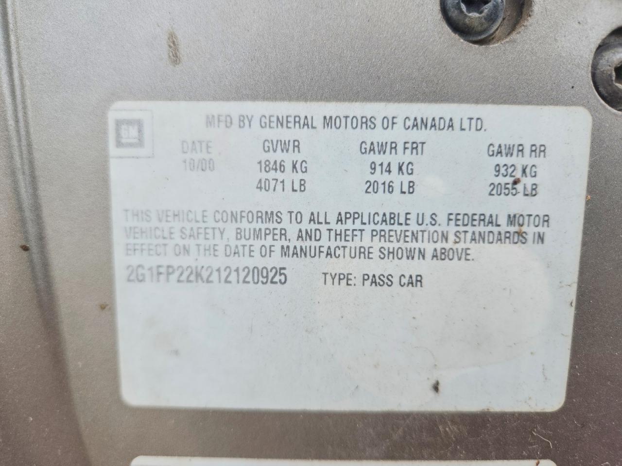 2001 Chevrolet Camaro Tan vin: 2G1FP22K212120925