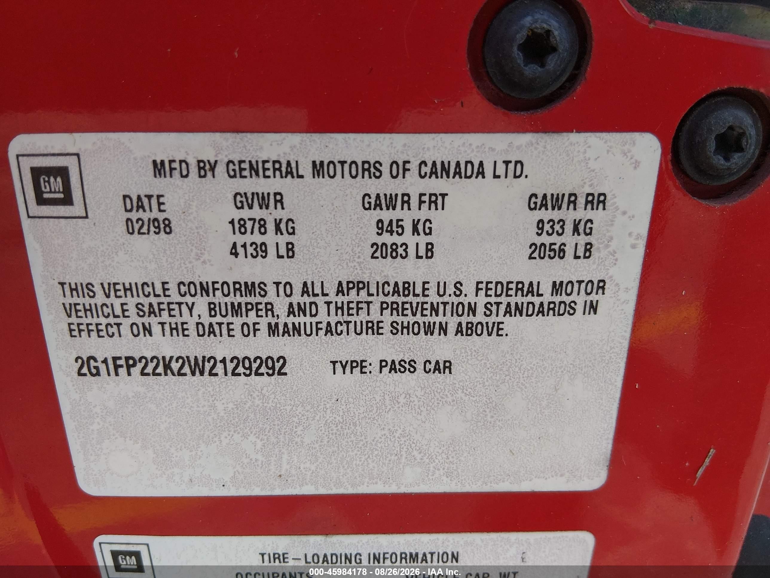 1998 Chevrolet Camaro   Red vin: 2G1FP22K2W2129292