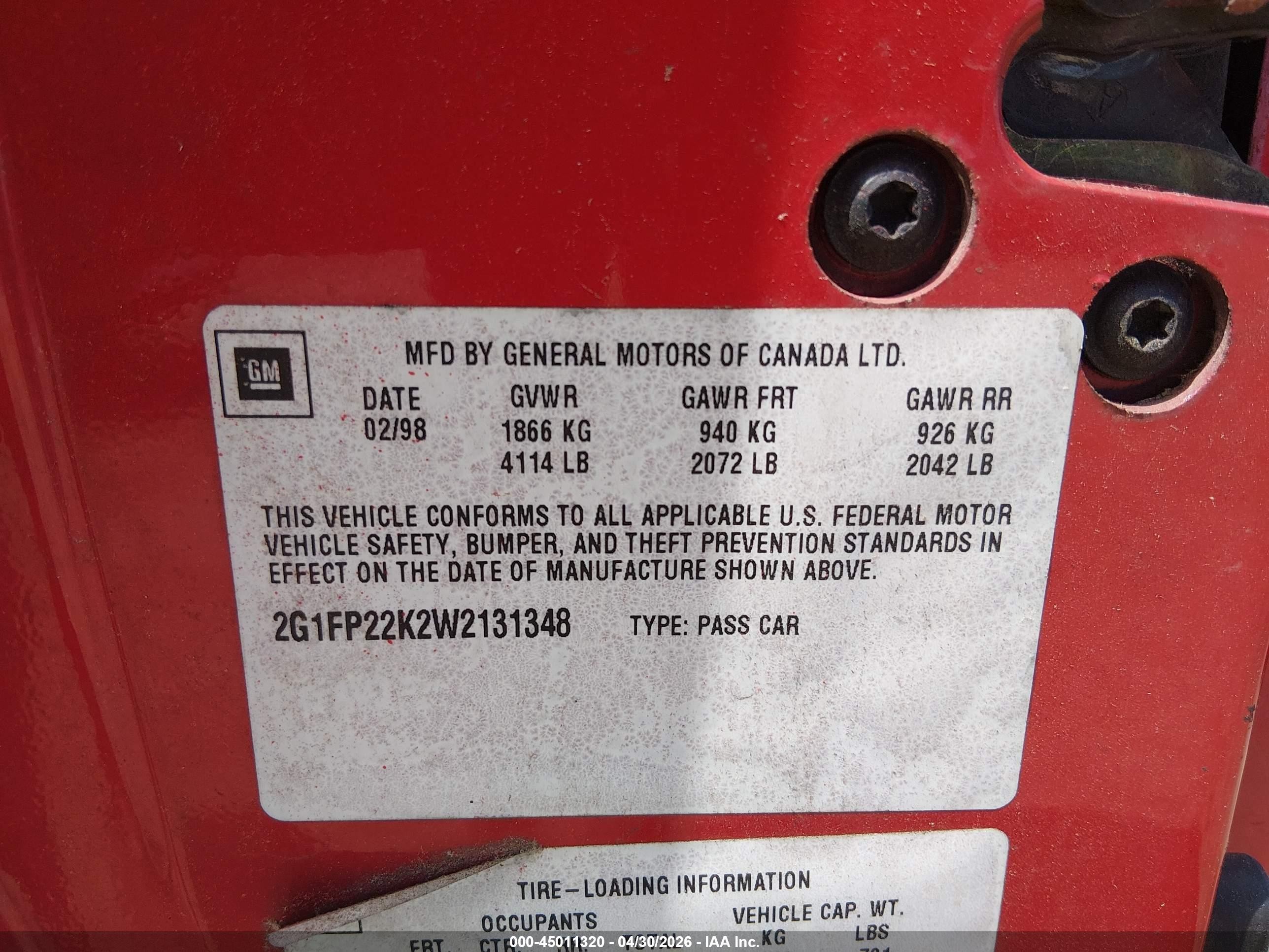 1998 Chevrolet Camaro   Red vin: 2G1FP22K2W2131348