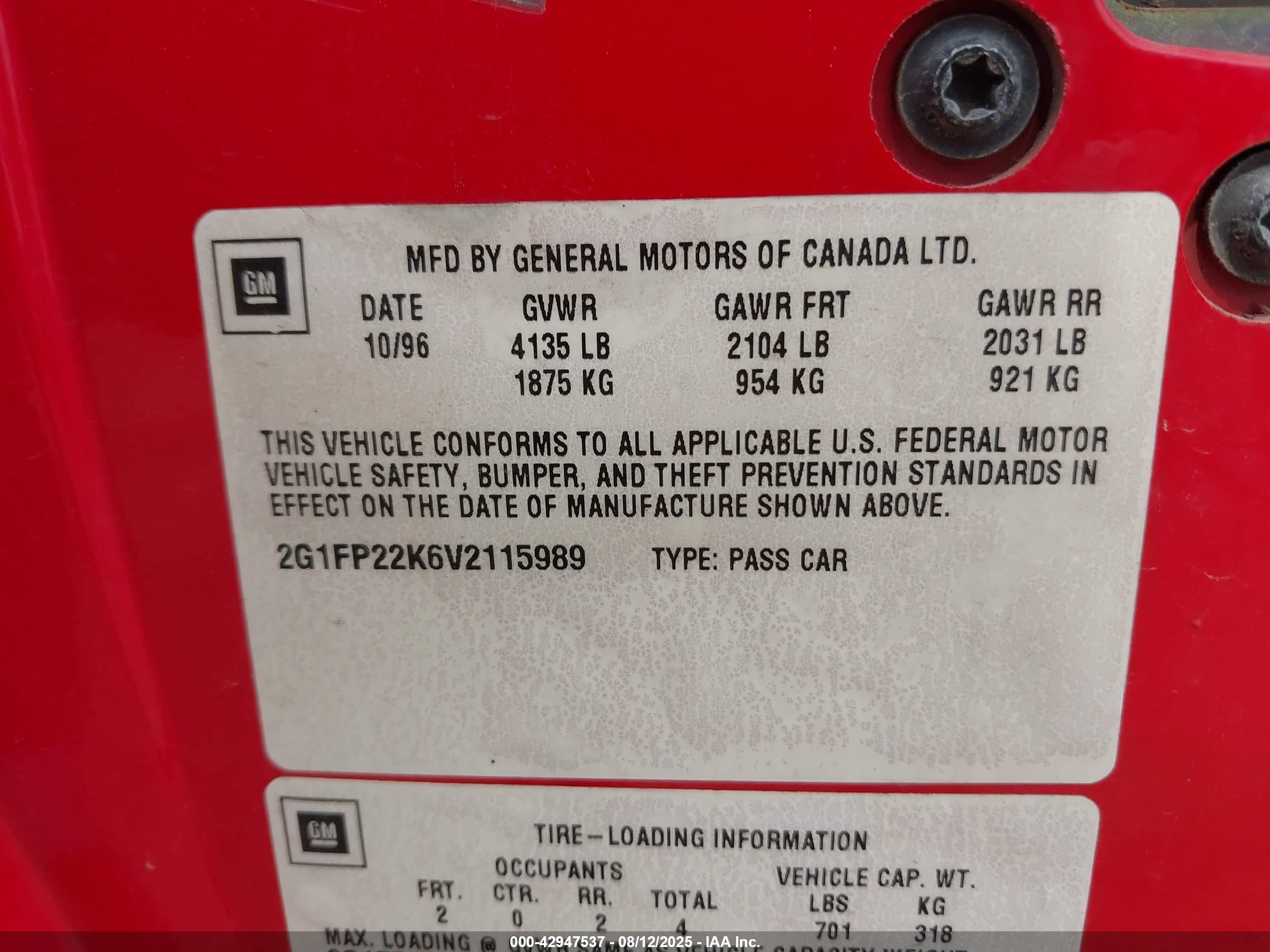 1997 Chevrolet Camaro Rs Red vin: 2G1FP22K6V2115989