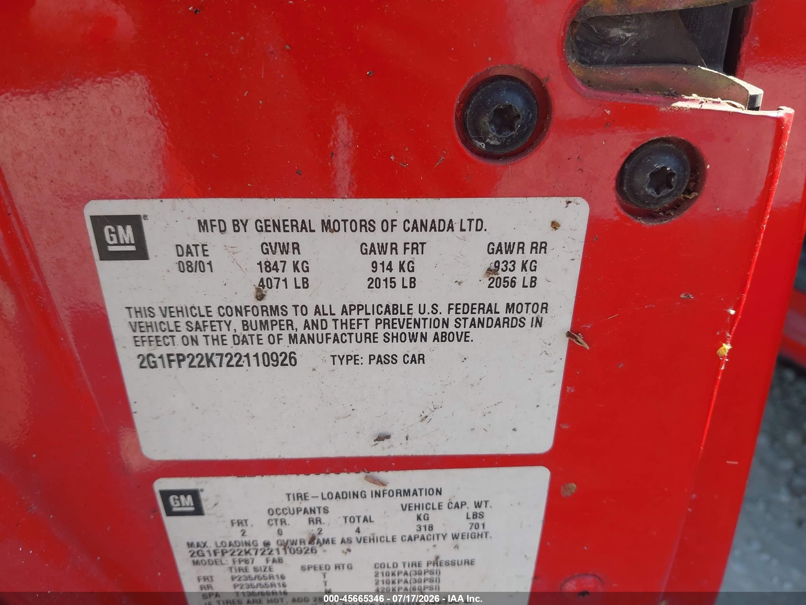 2002 Chevrolet Camaro   Red vin: 2G1FP22K722110926