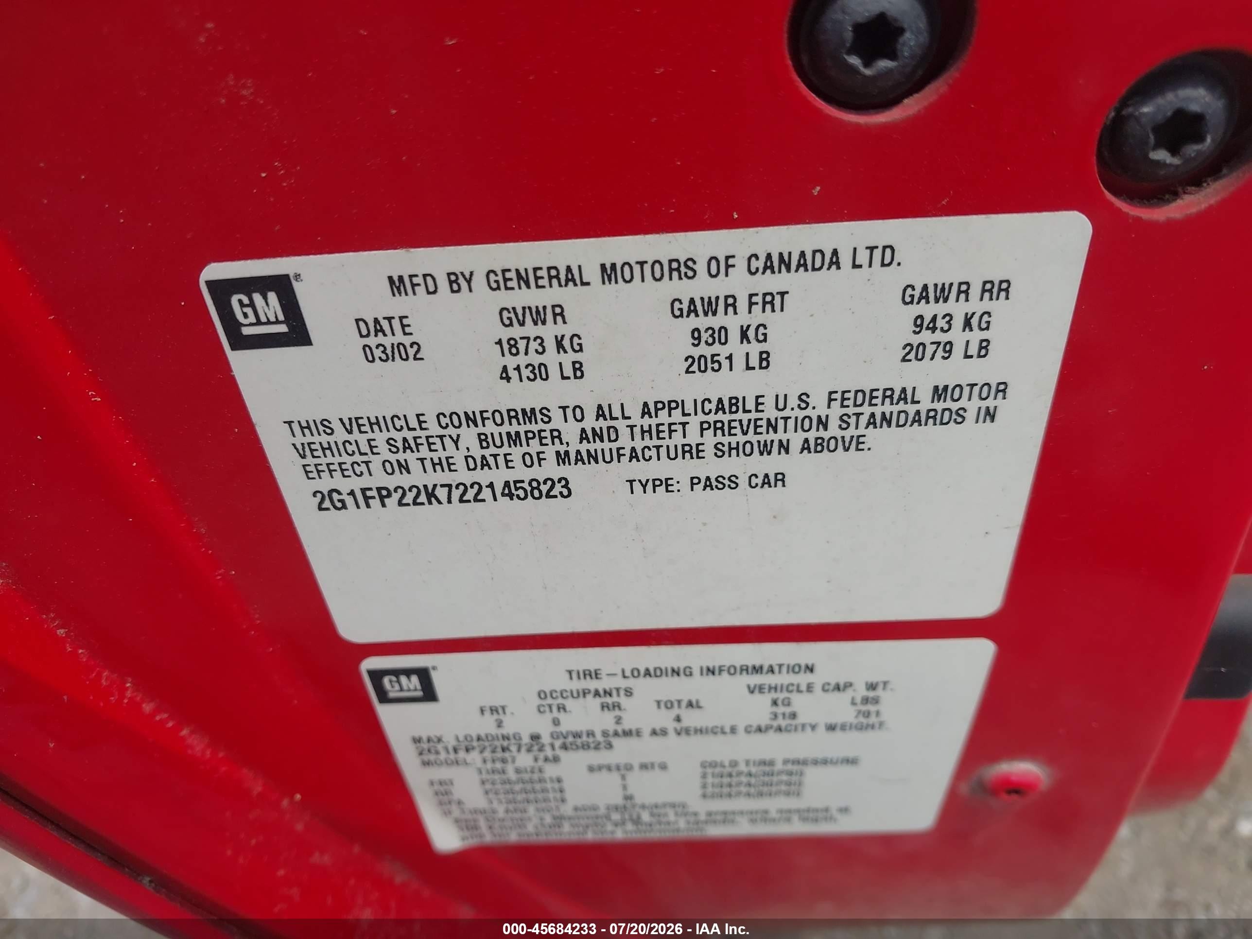 2002 Chevrolet Camaro   Red vin: 2G1FP22K722145823