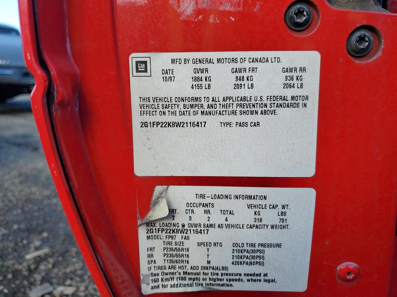 1998 Chevrolet Camaro Red vin: 2G1FP22K8W2116417