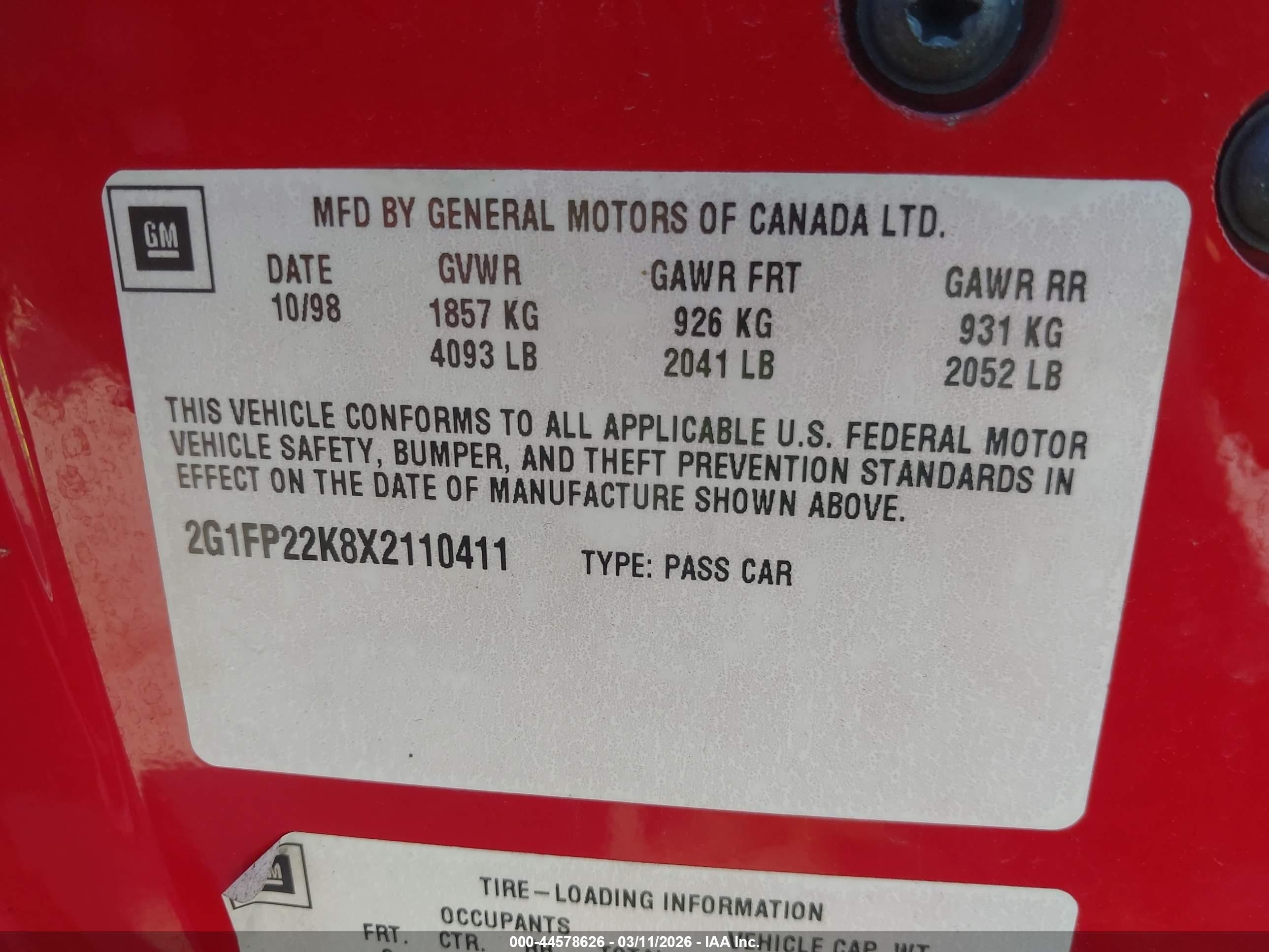 1999 Chevrolet Camaro   Red vin: 2G1FP22K8X2110411