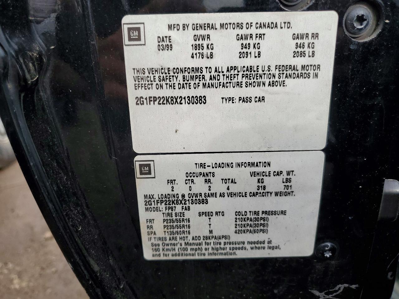 1999 Chev Camaro Черный vin: 2G1FP22K8X2130383
