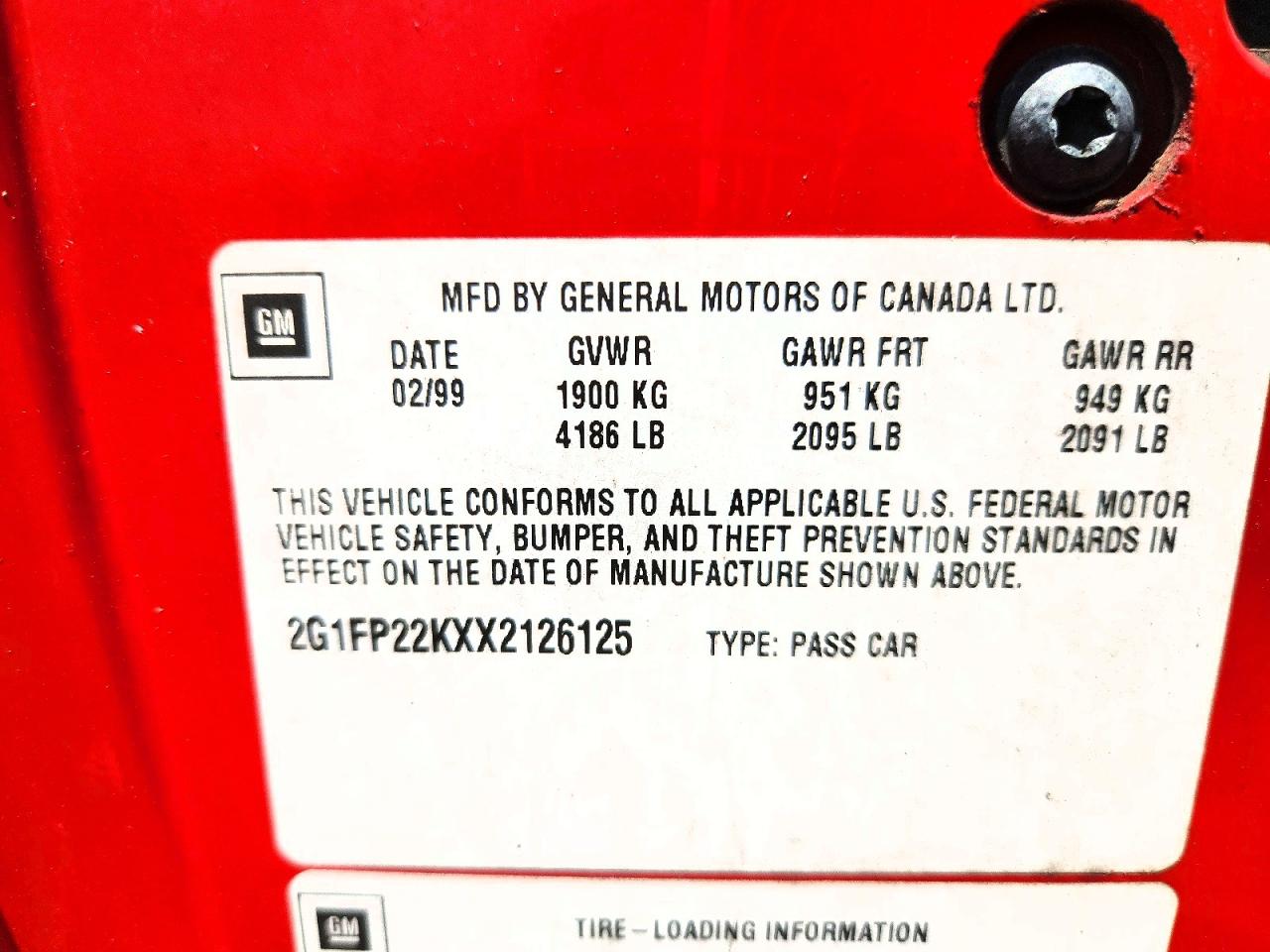 1999 Chevrolet Camaro Red vin: 2G1FP22KXX2126125
