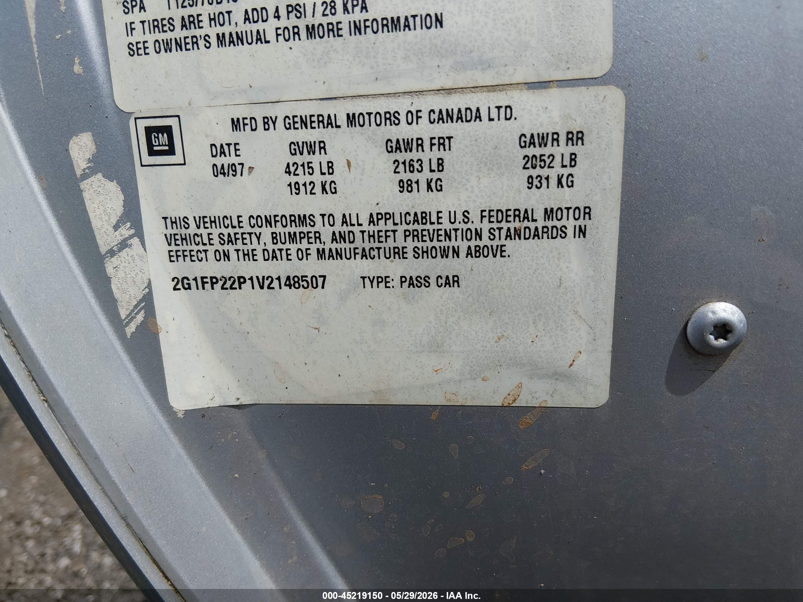 1997 Chevrolet Camaro Z28 Silver vin: 2G1FP22P1V2148507