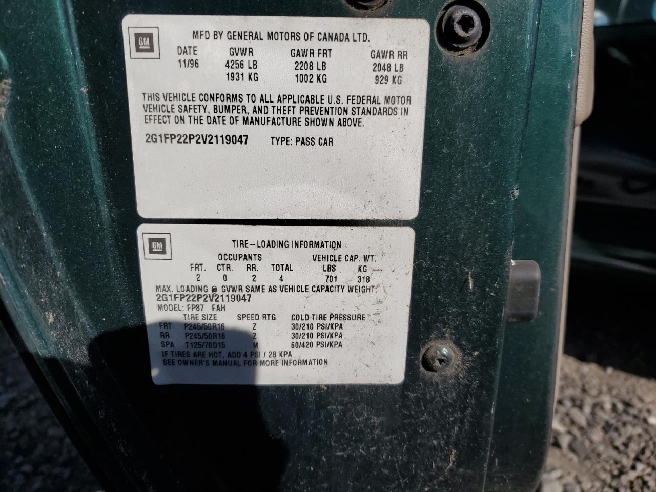 1997 Chevrolet Camaro Z28 Green vin: 2G1FP22P2V2119047