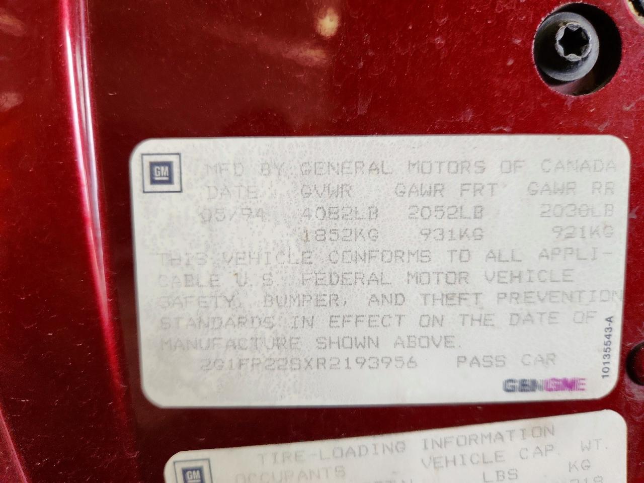 1994 Chevrolet Camaro Burgundy vin: 2G1FP22SXR2193956