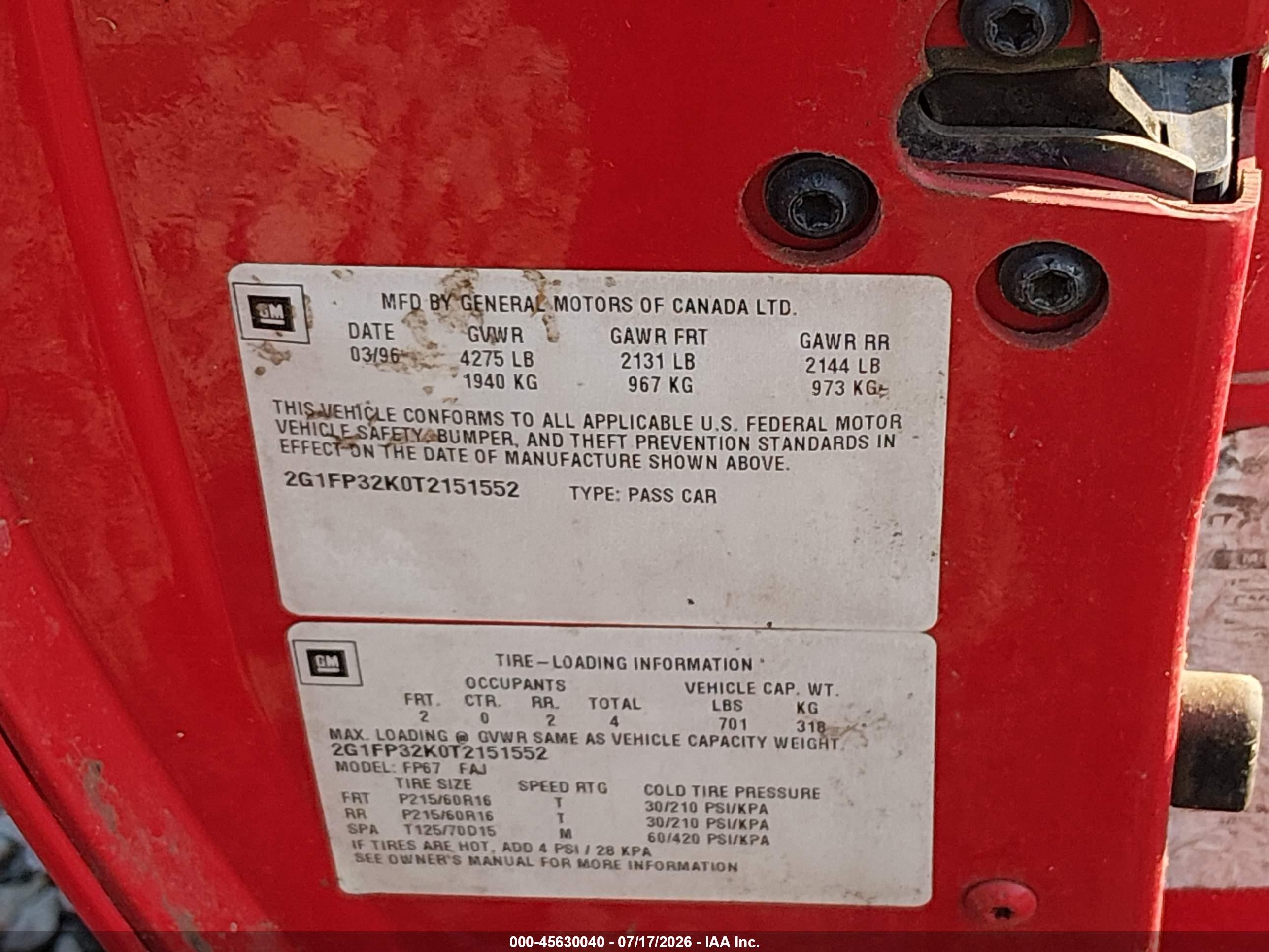 1996 Chevrolet Camaro Rs Red vin: 2G1FP32K0T2151552