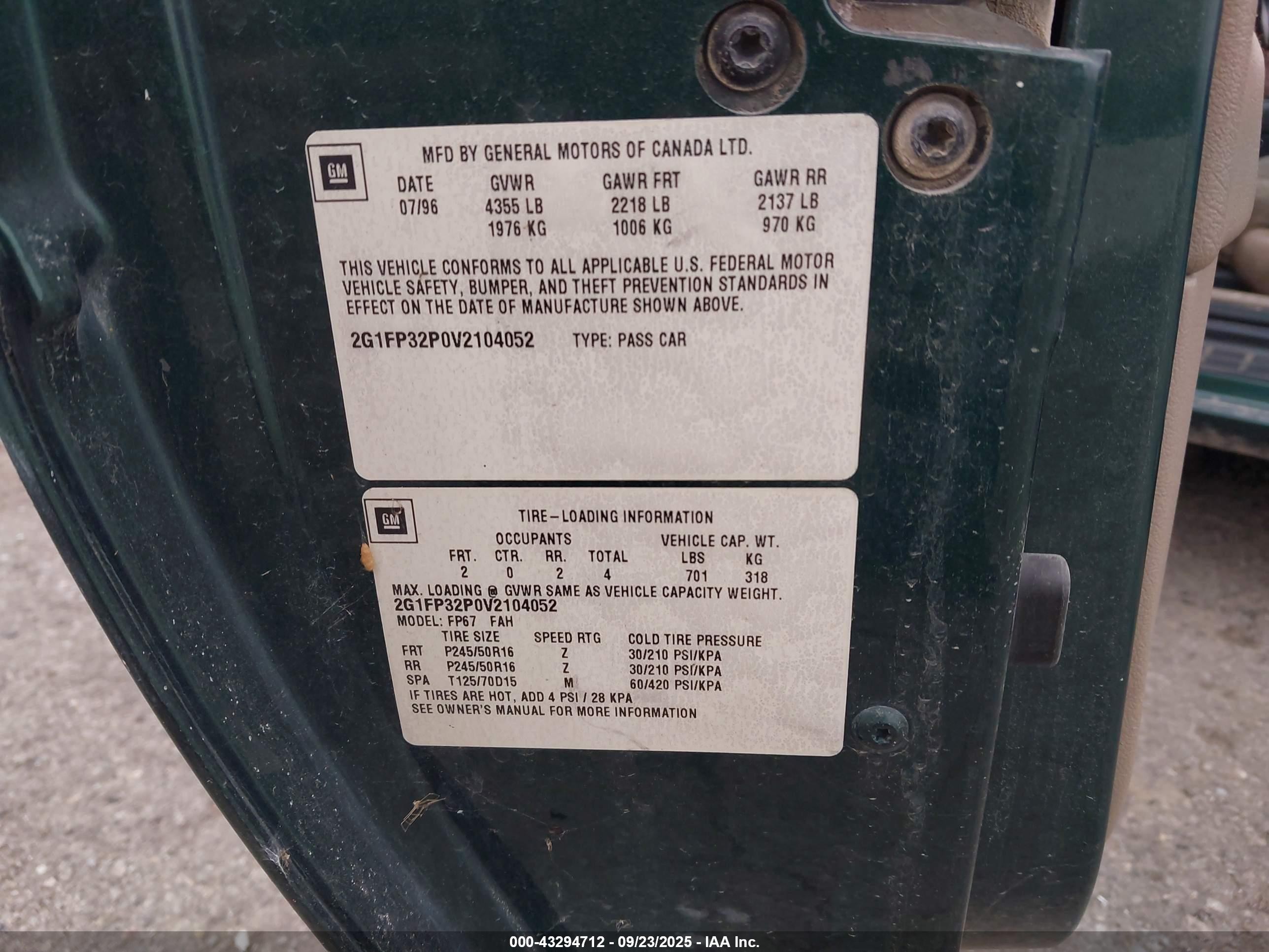 1997 Chevrolet Camaro Z28 Green vin: 2G1FP32P0V2104052